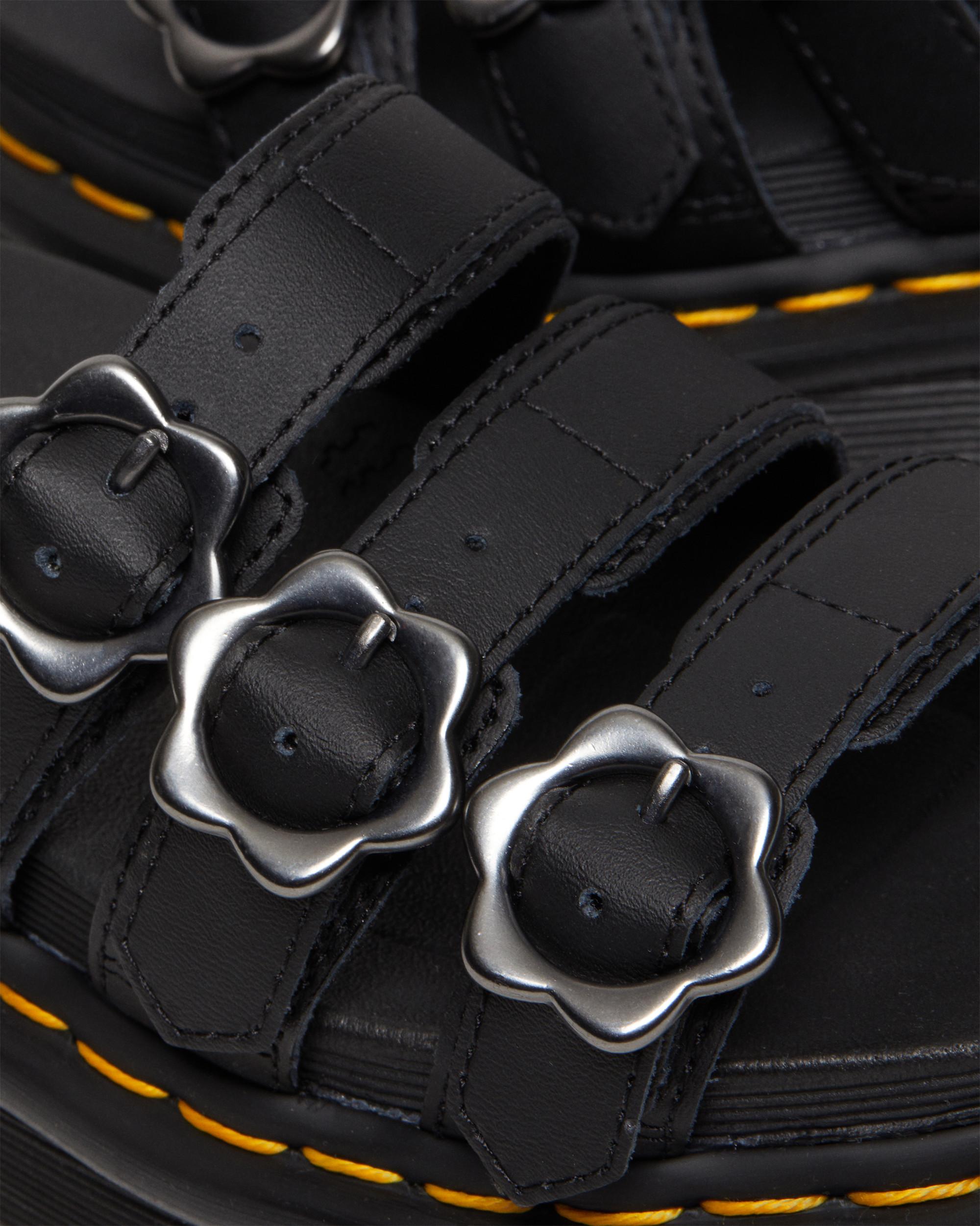 Blaire Flower Buckle Leather Slide Sandals in BLACK | Dr. Martens™