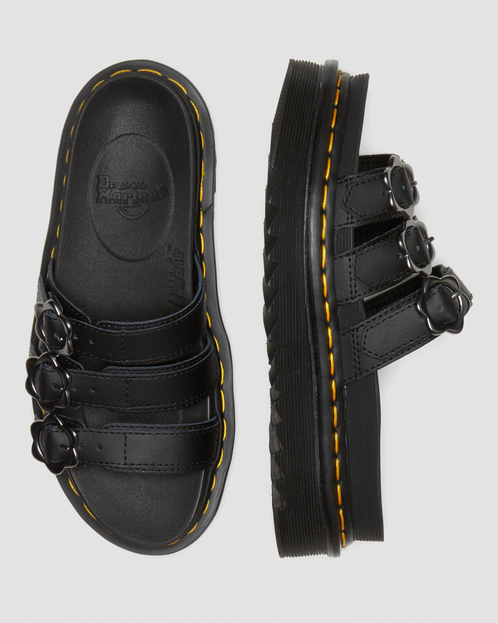 Blaire Flower Buckle Leather Slide Sandals in BLACK | Dr. Martens™
