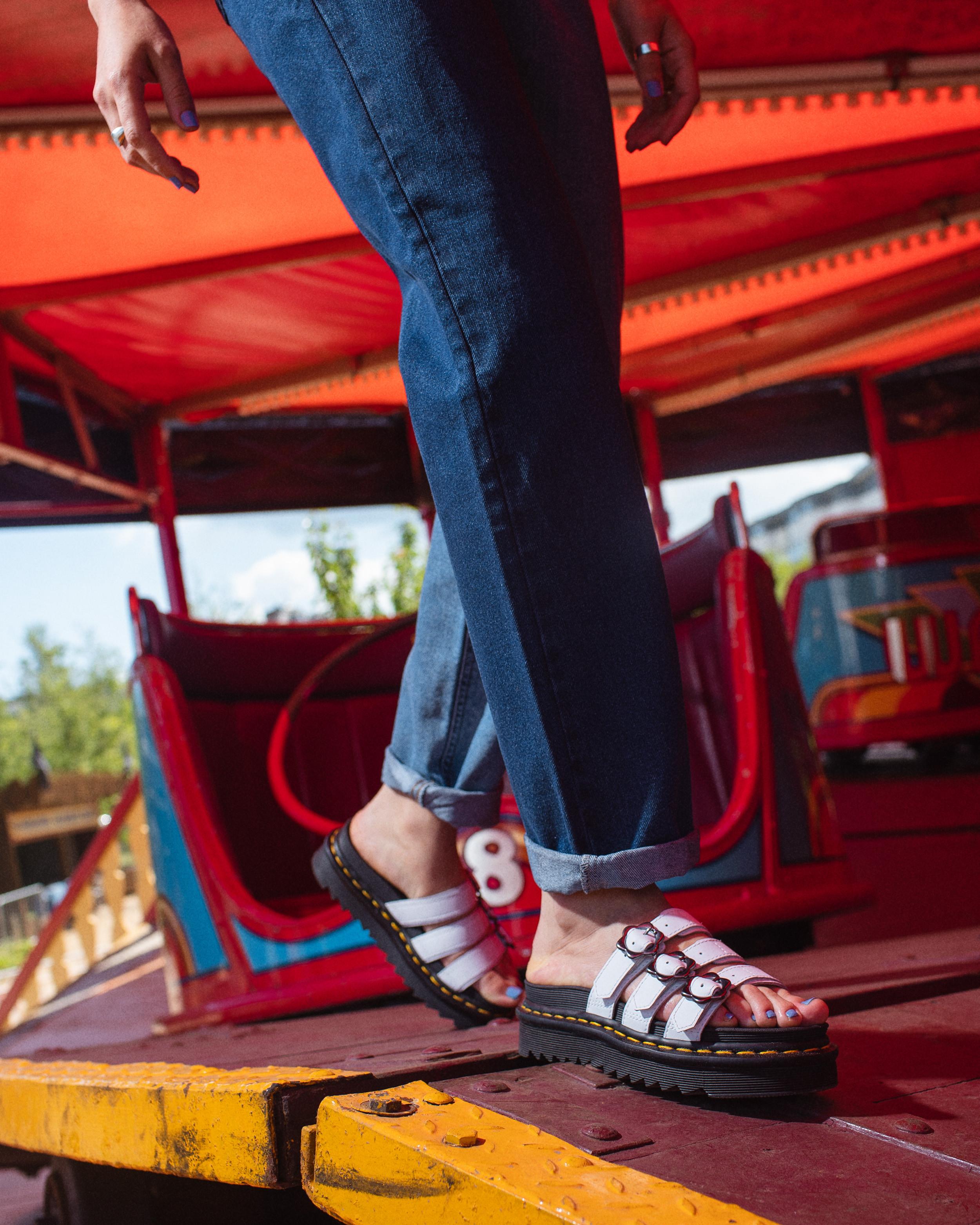 Blaire Flower Buckle Leather Slide Sandals in WHITE | Dr. Martens™
