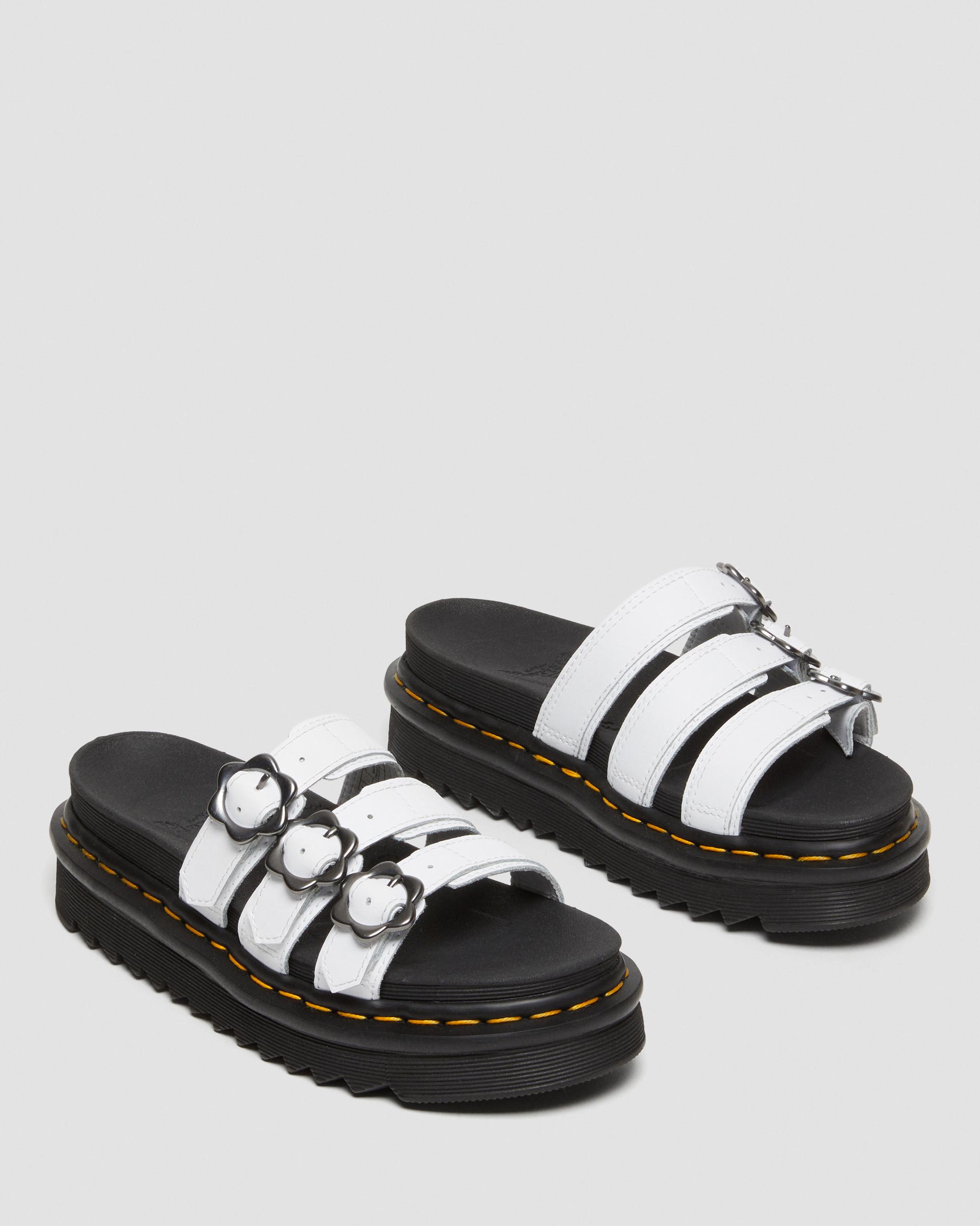 Blaire Flower Buckle Leather Slide Sandals in WHITE | Dr. Martens™