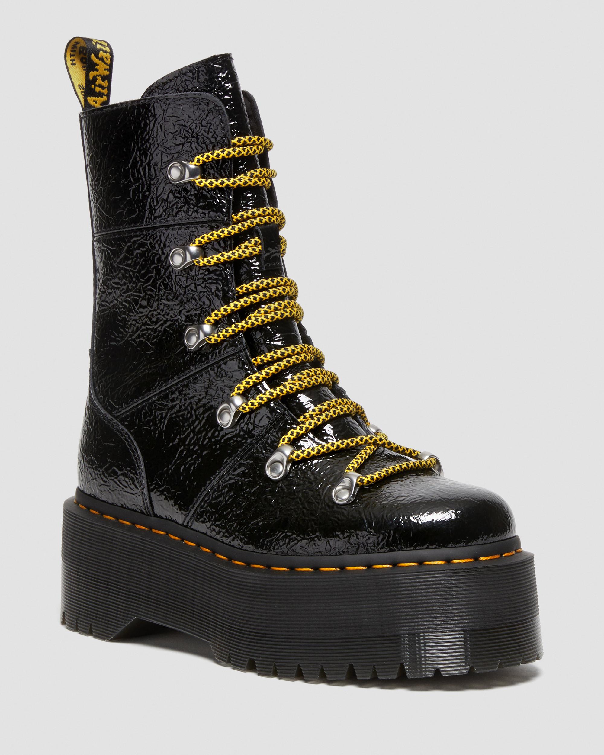 Ghilana Max Distressed Patent Leather Platform Boots in BLACK | Dr