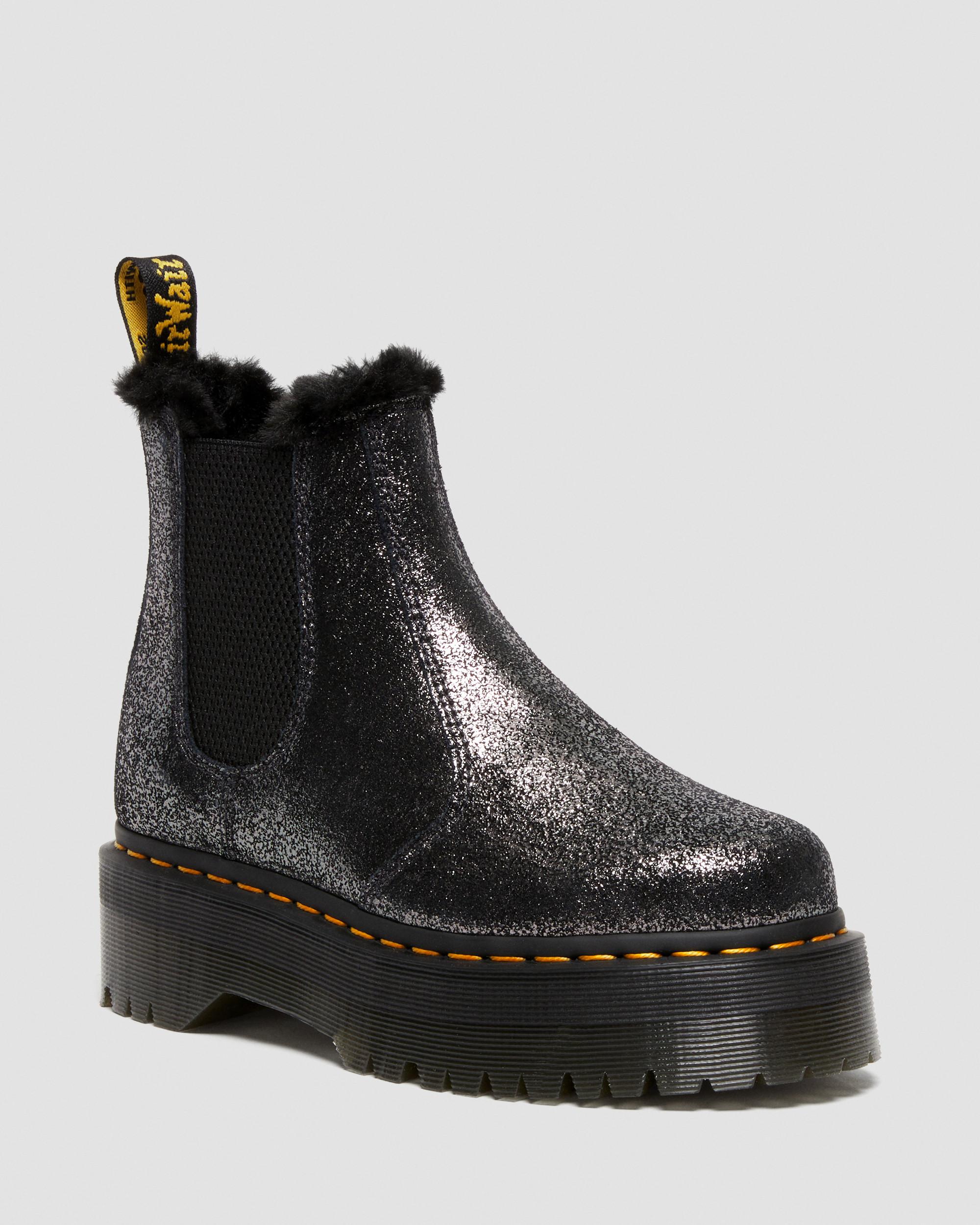 2976 Faux Fur-Lined Metallic Platform Chelsea Boots in Black | Dr. Martens