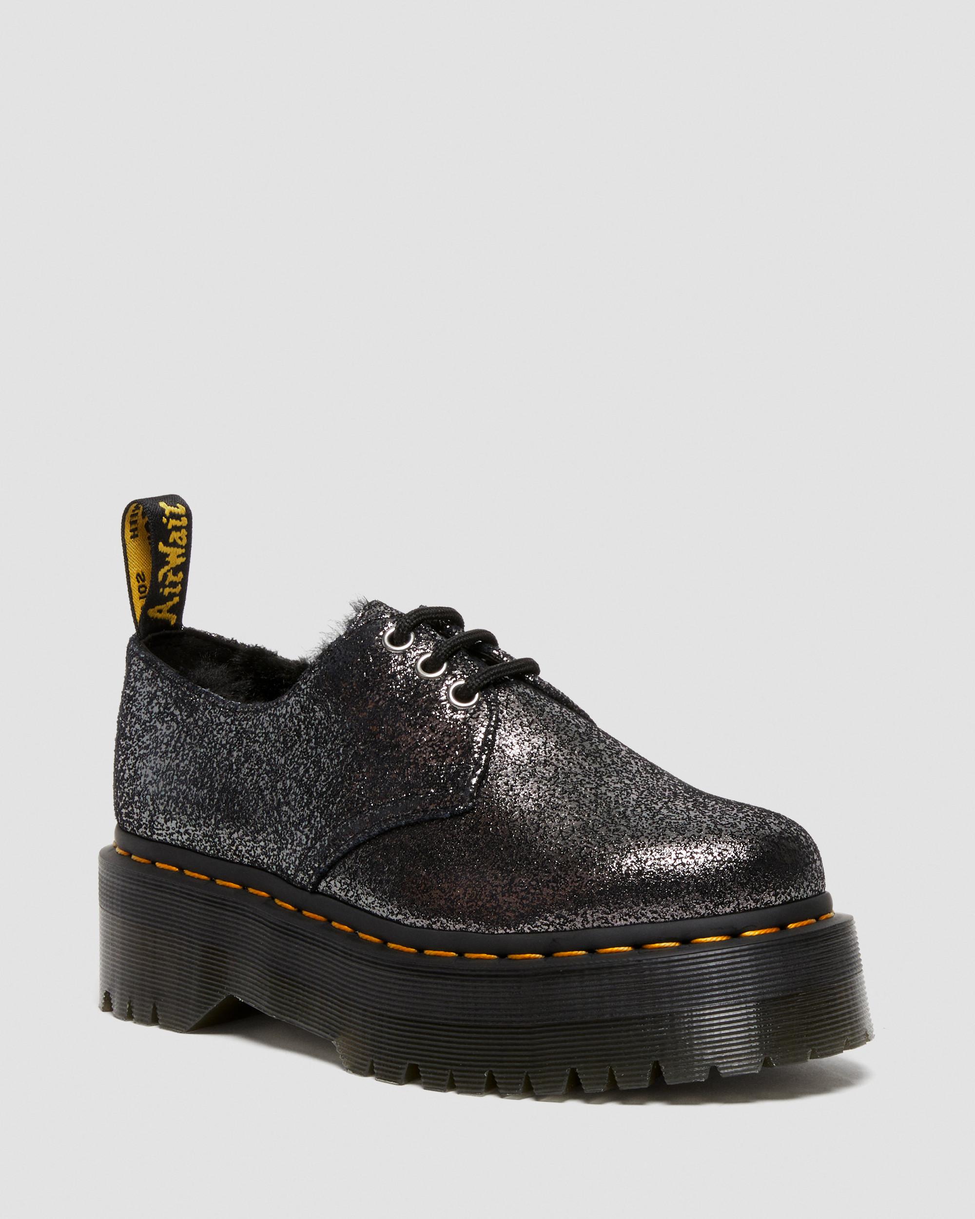 1461 Faux Fur-Lined Metallic Leather Platform Shoes in Black | Dr. Martens