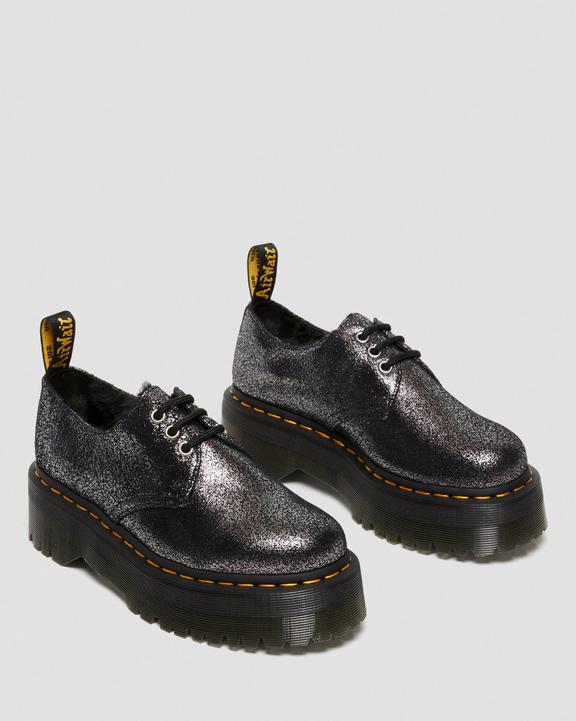 1461 Faux Fur-Lined Metallic Leather Platform Shoes in Black | Dr 