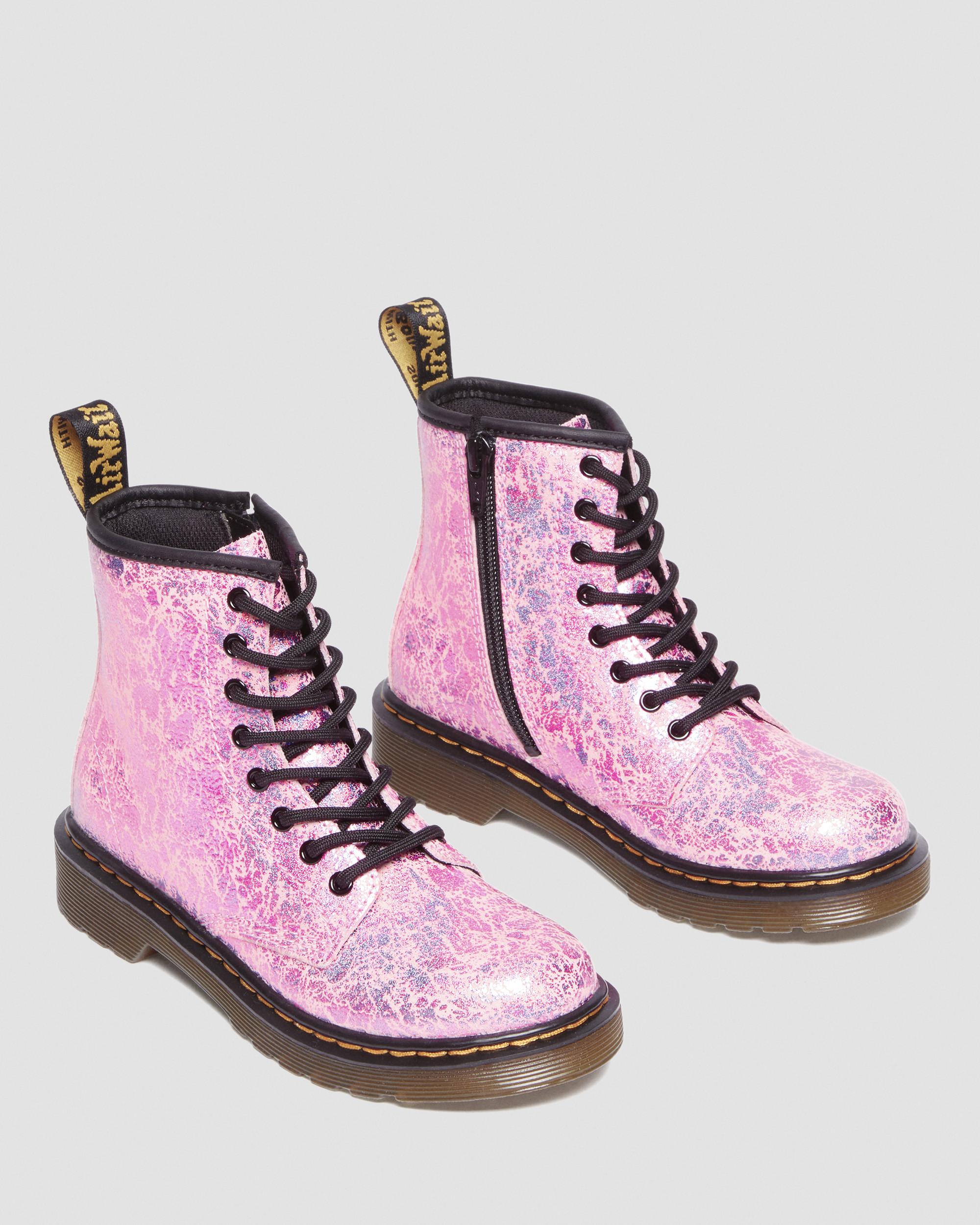 Junior 1460 Crinkle Metallic Lace Up Boots in Pink