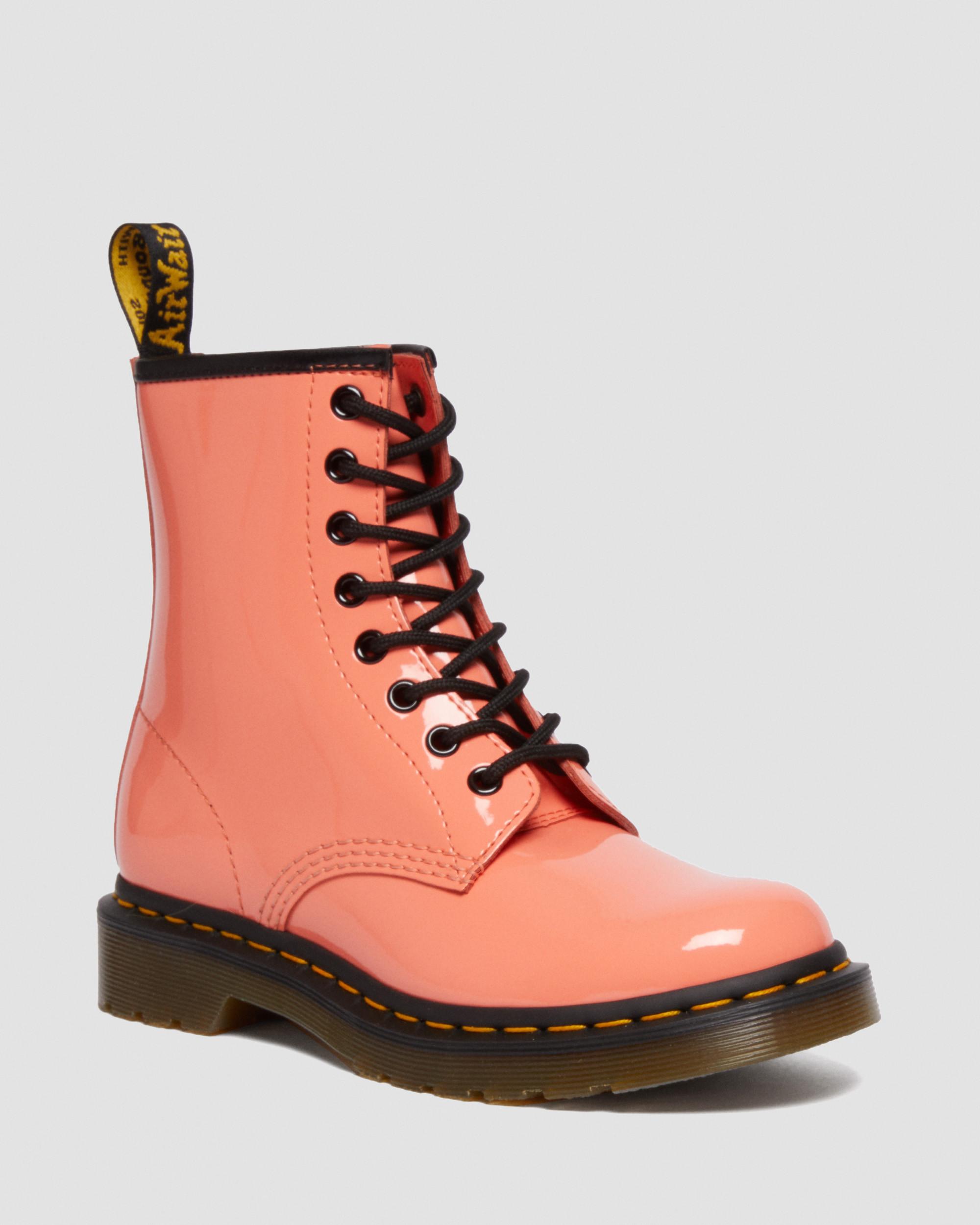 1460 Women's Patent Leather Lace Up Boots in Coral | Dr. Martens