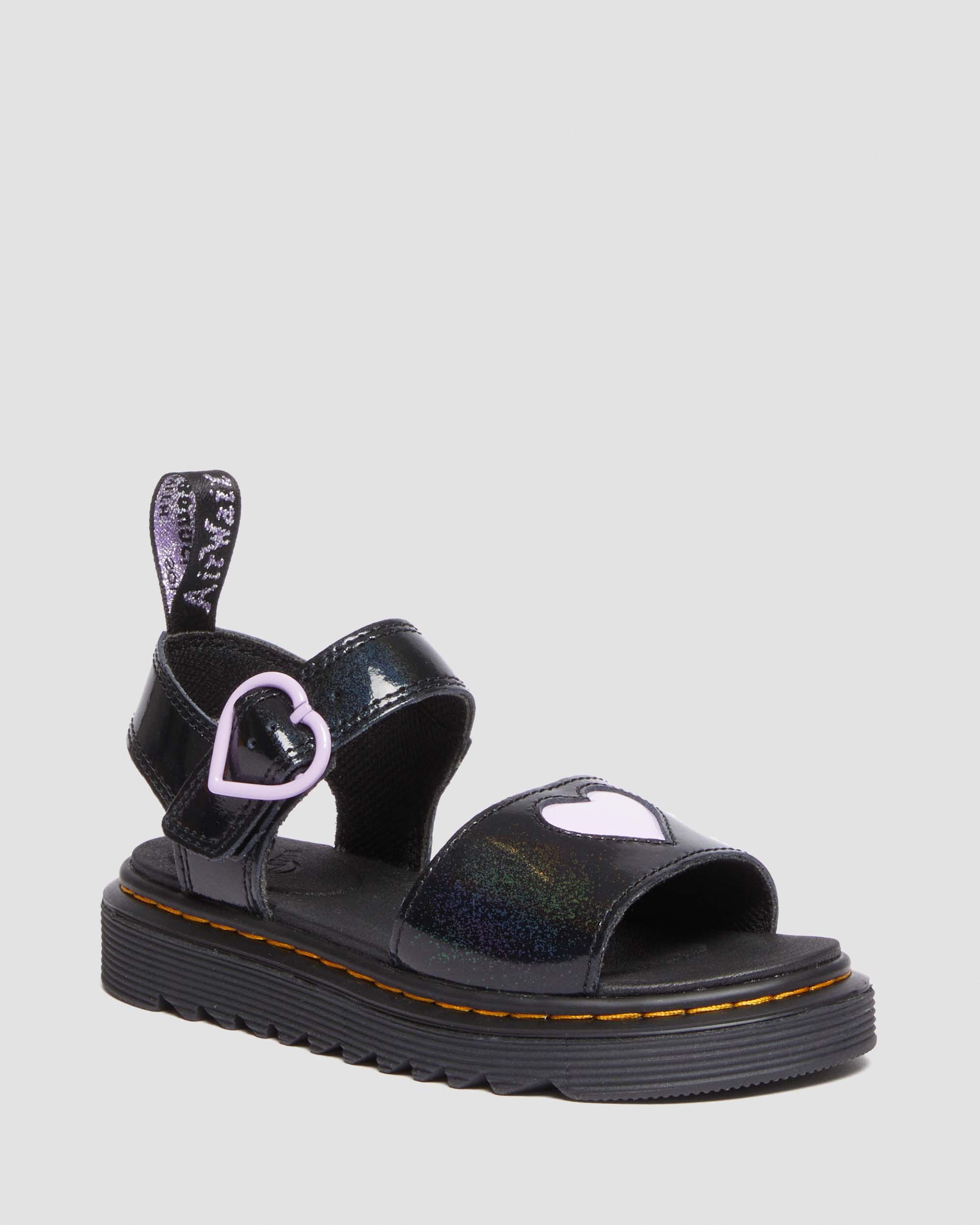 Junior Marlowe Shimmer Heart Strap Sandals in Black | Dr. Martens