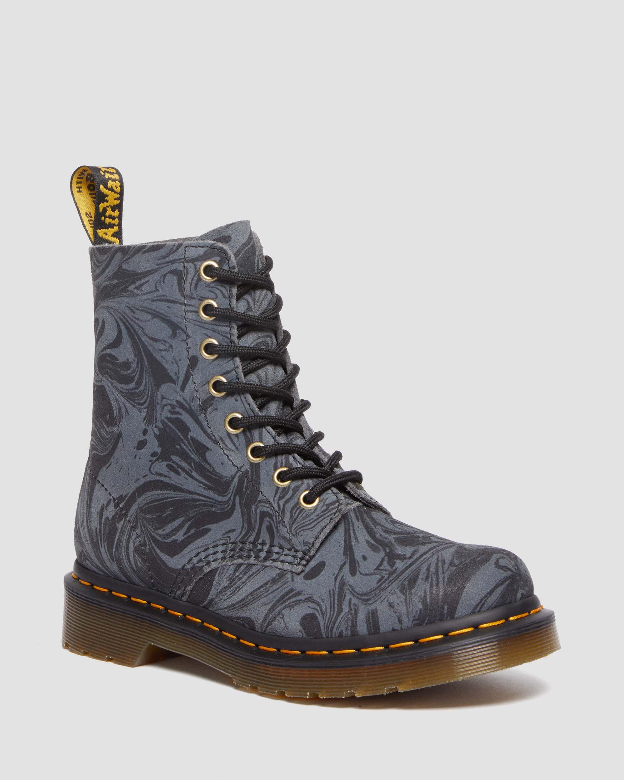 Dr. Martens' 1460 Pascal Marbled Suede Lace Up Boots In Schwarz/grau