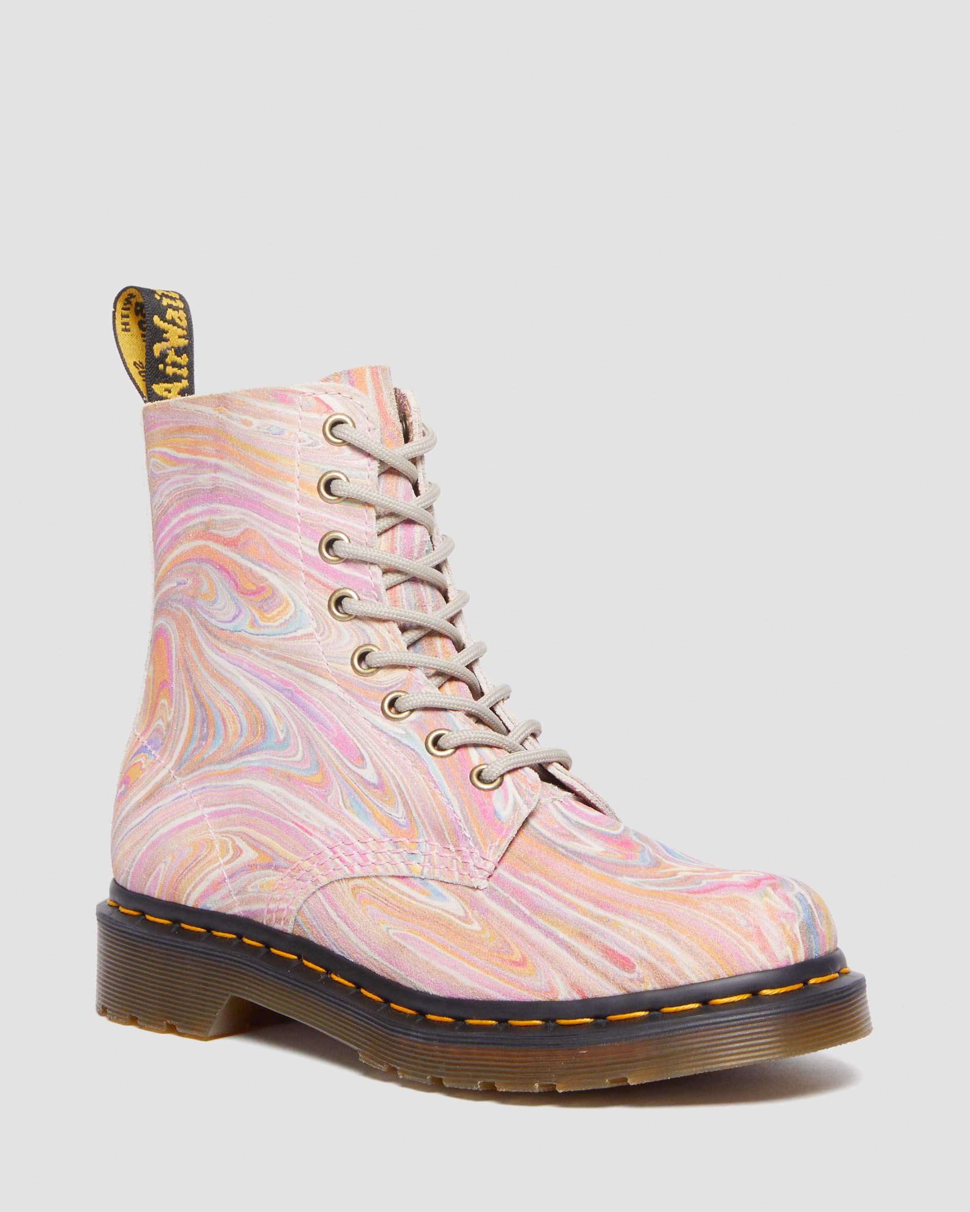 1460 Pascal Marbled Suede Lace Up Boots in Pink | Dr. Martens