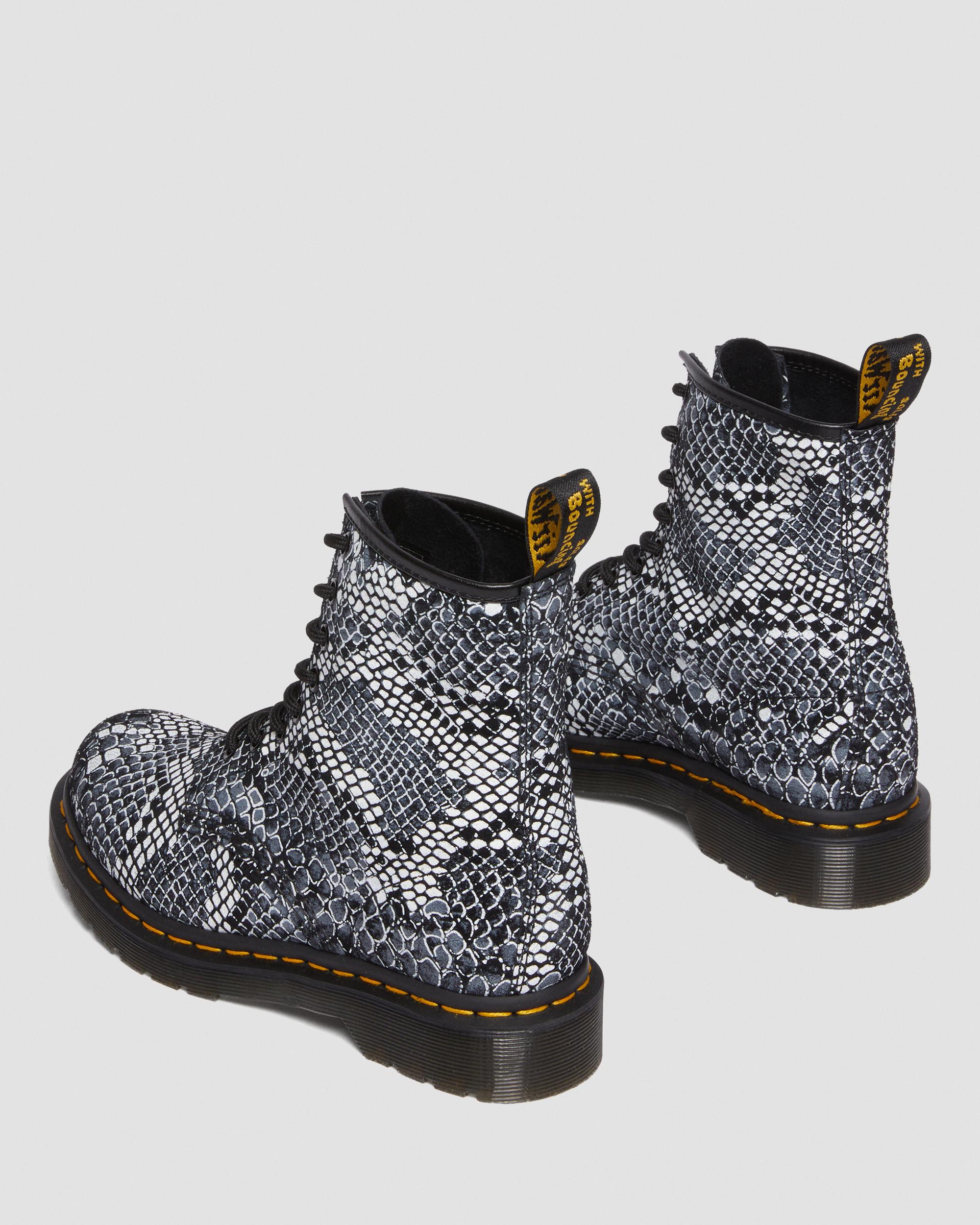 1460 Snake Print Leather Lace Up Boots in Grey | Dr. Martens