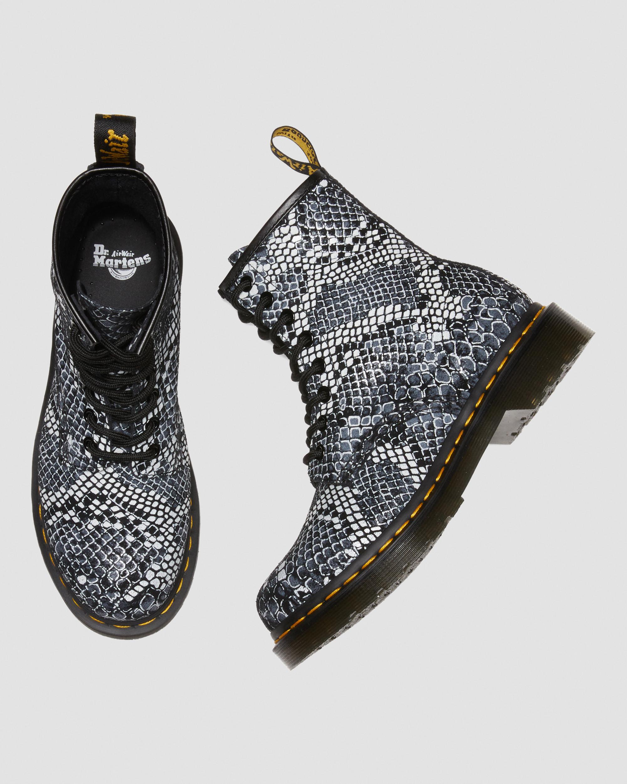 1460 Snake Print Leather Lace Up Boots in Grey | Dr. Martens