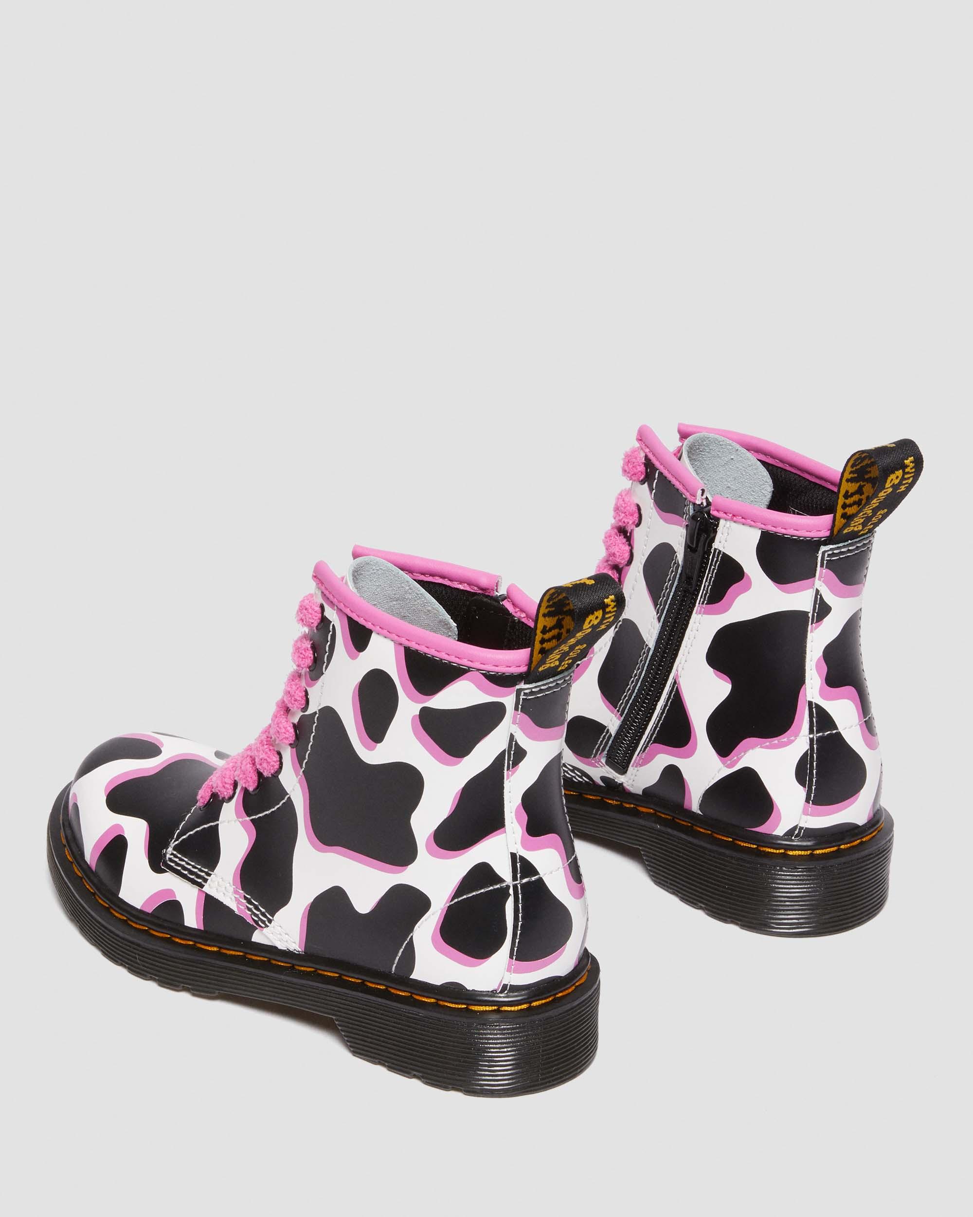 Junior 1460 Cow Print Patent Leather Lace Up Boots in WHITE