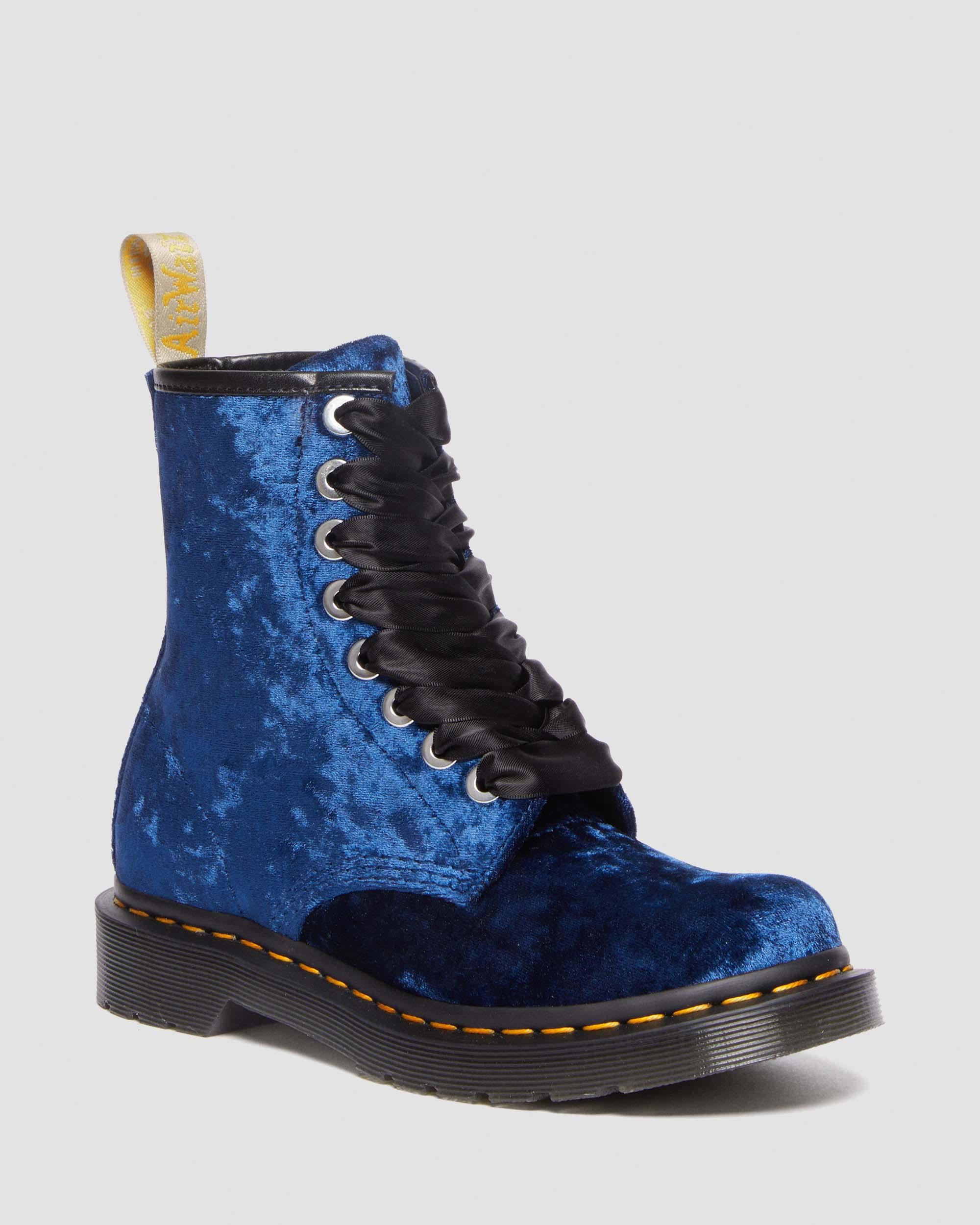 Vegan 1460 Women's Crushed Velvet Lace Up Boots in Deep Blue