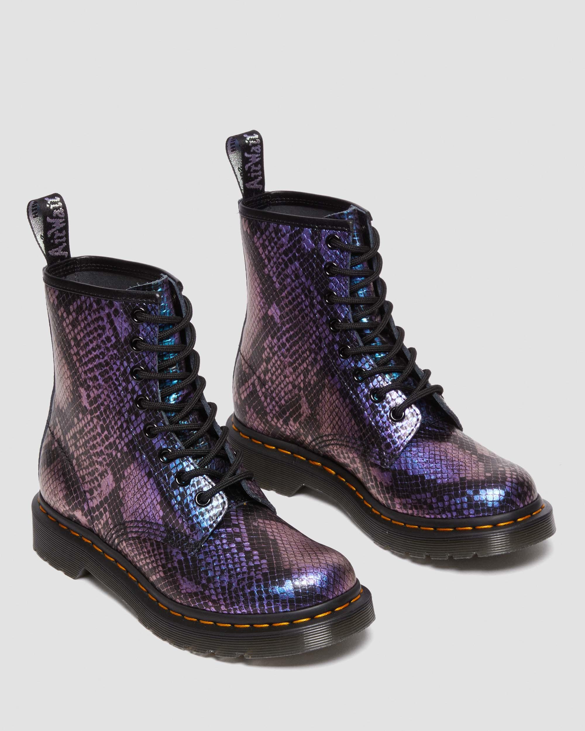 1460 Snake Print Emboss Leather Lace Up Boots in BLACK+BLUE | Dr