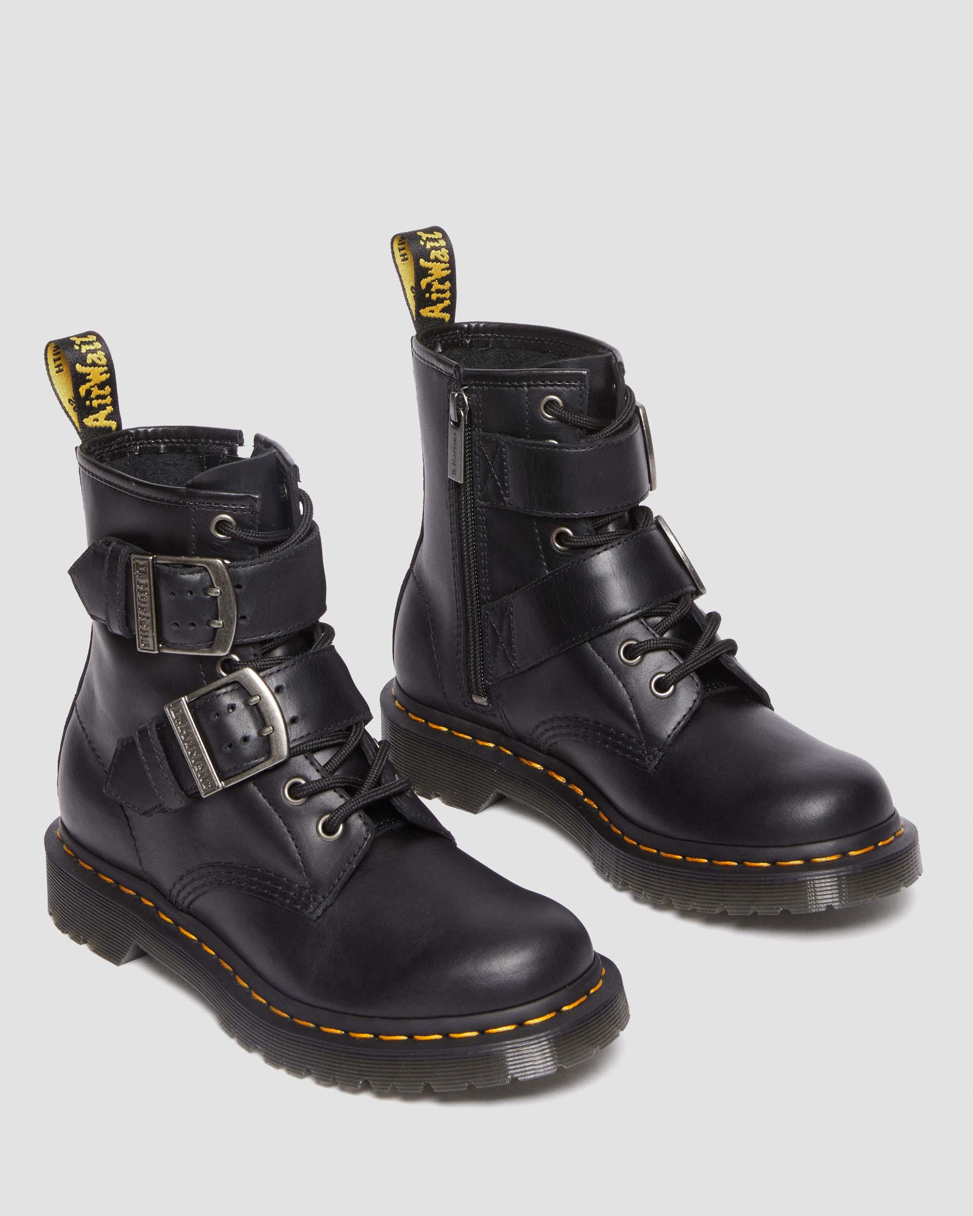 1460 Women's Buckle Pull Up Leather Lace Up Boots in BLACK