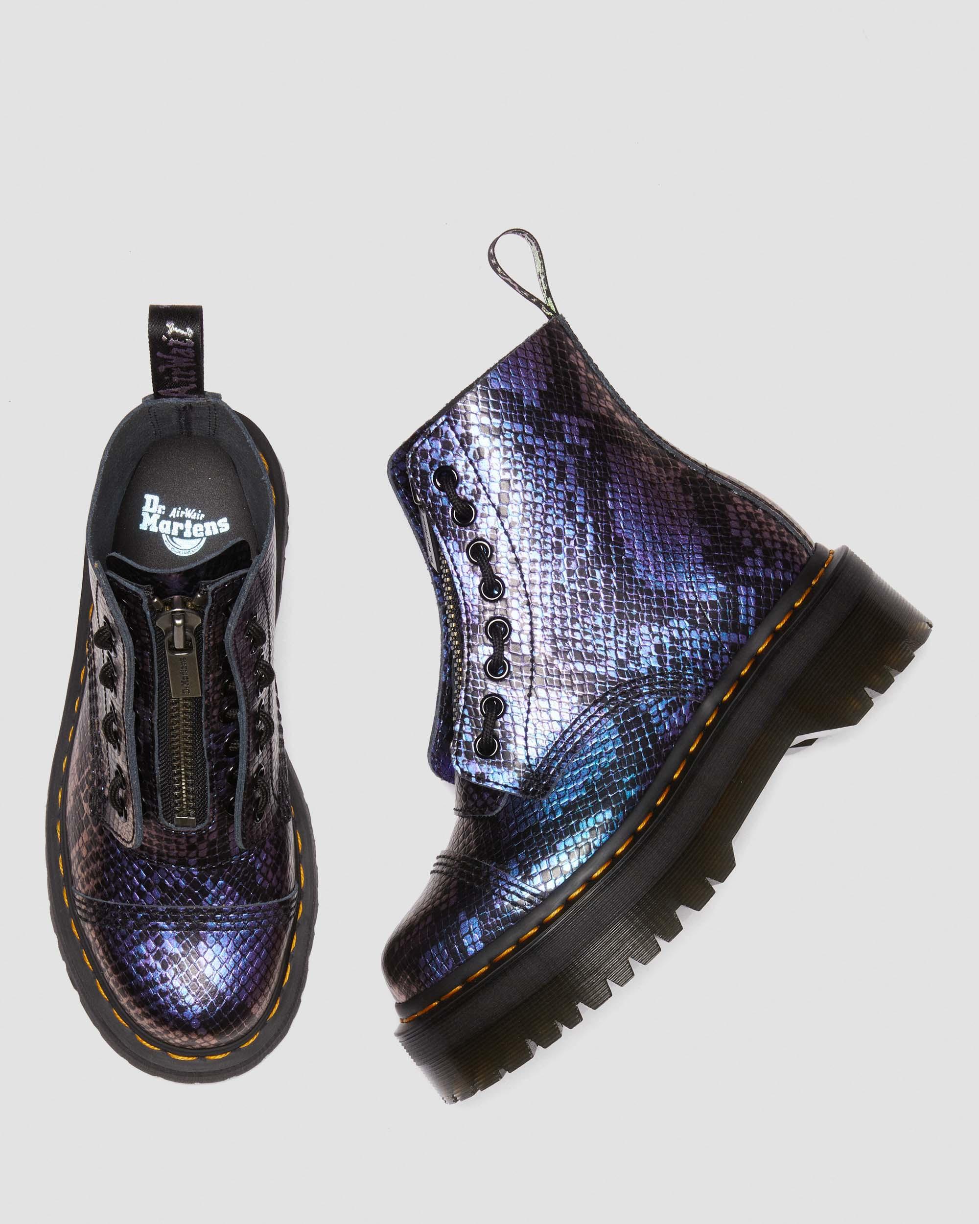 Sinclair Snake Print Emboss Leather Platform Boots in BLACK+BLUE