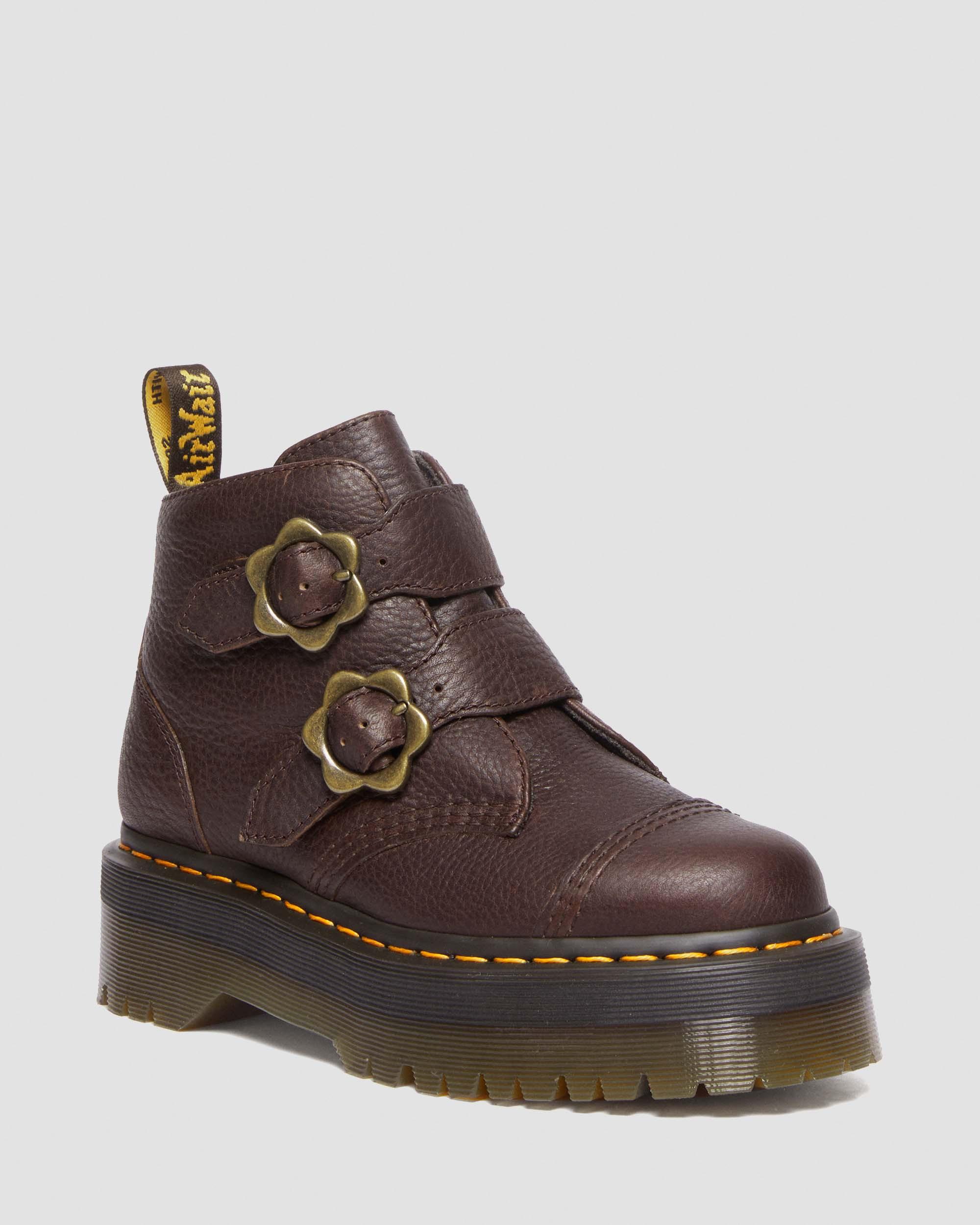 Devon Flower Buckle Grizzly Leather Platform Boots in Dark Brown | Dr.  Martens