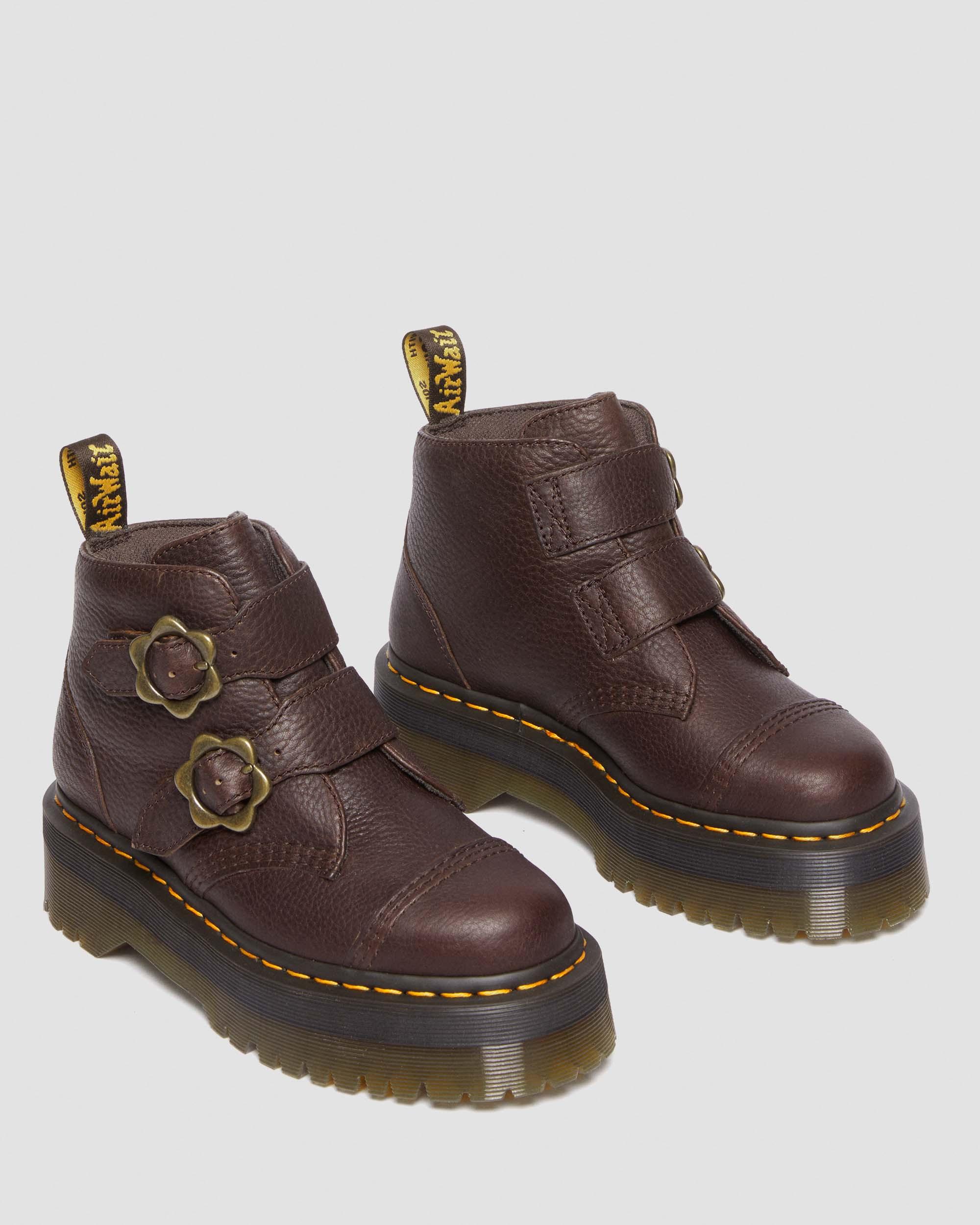 Devon Flower Buckle Grizzly Leather Platform Boots in DARK BROWN
