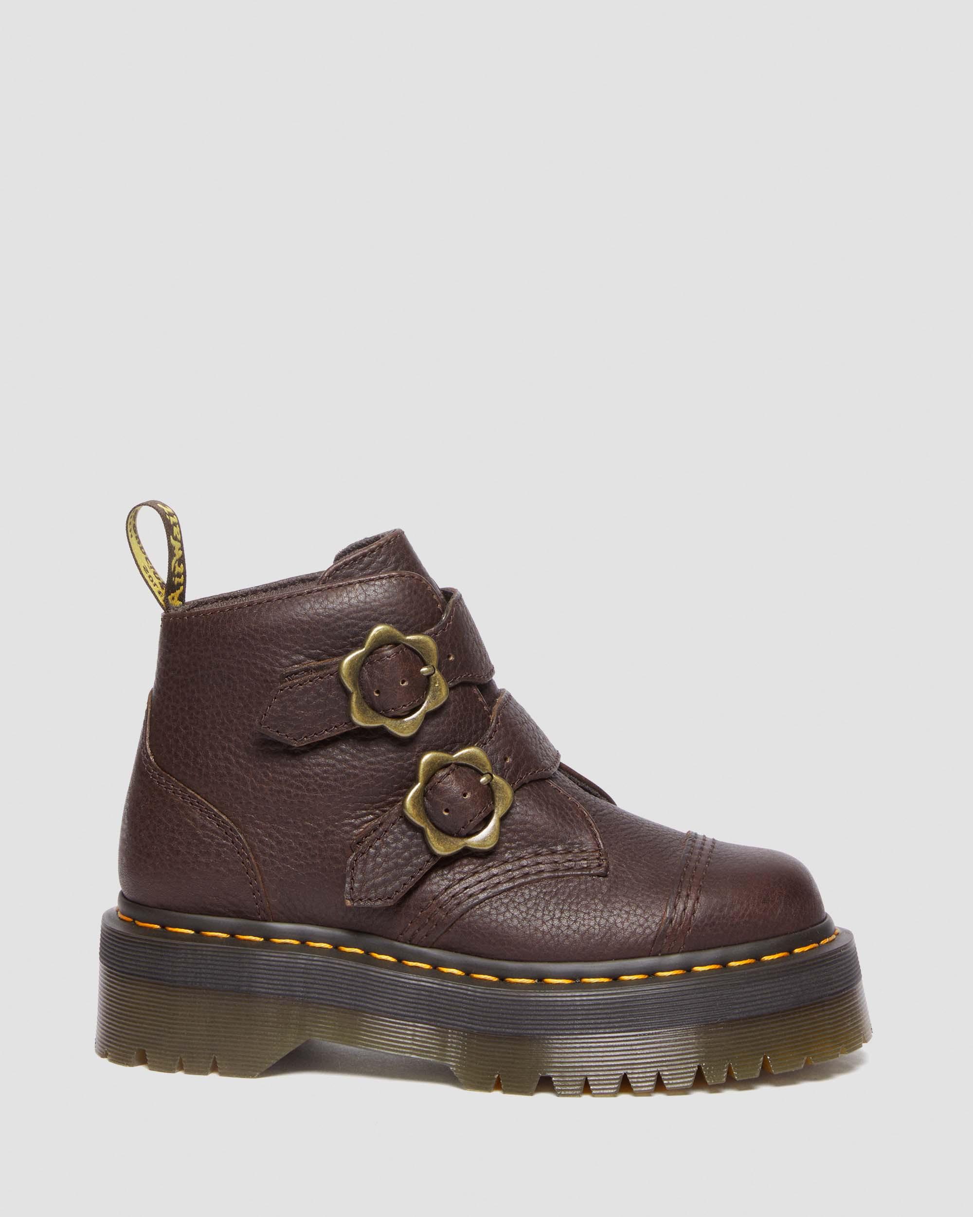 Devon Flower Buckle Grizzly Leather Platform Boots in DARK BROWN