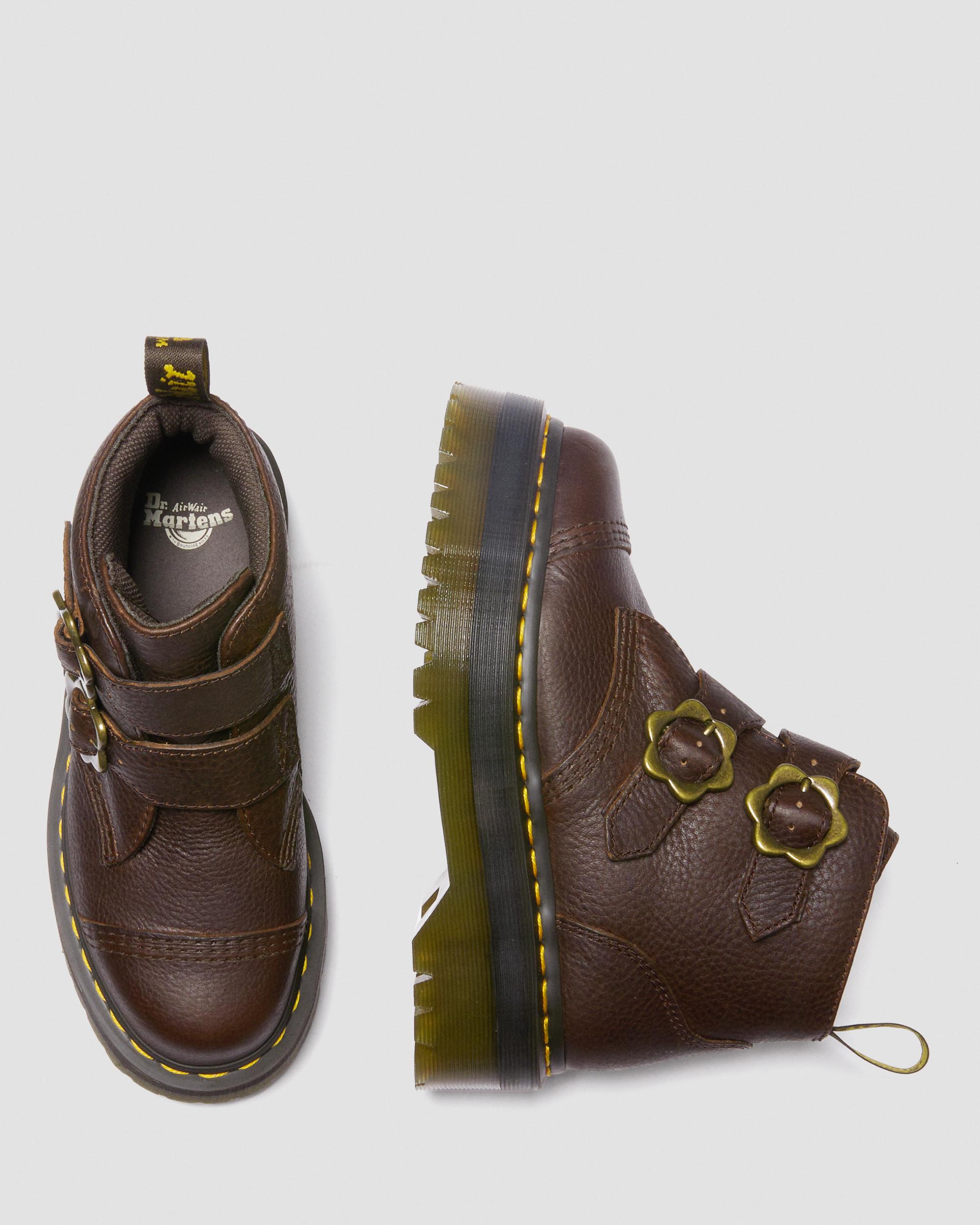 Devon Flower Buckle Grizzly Leather Platform Boots in DARK BROWN