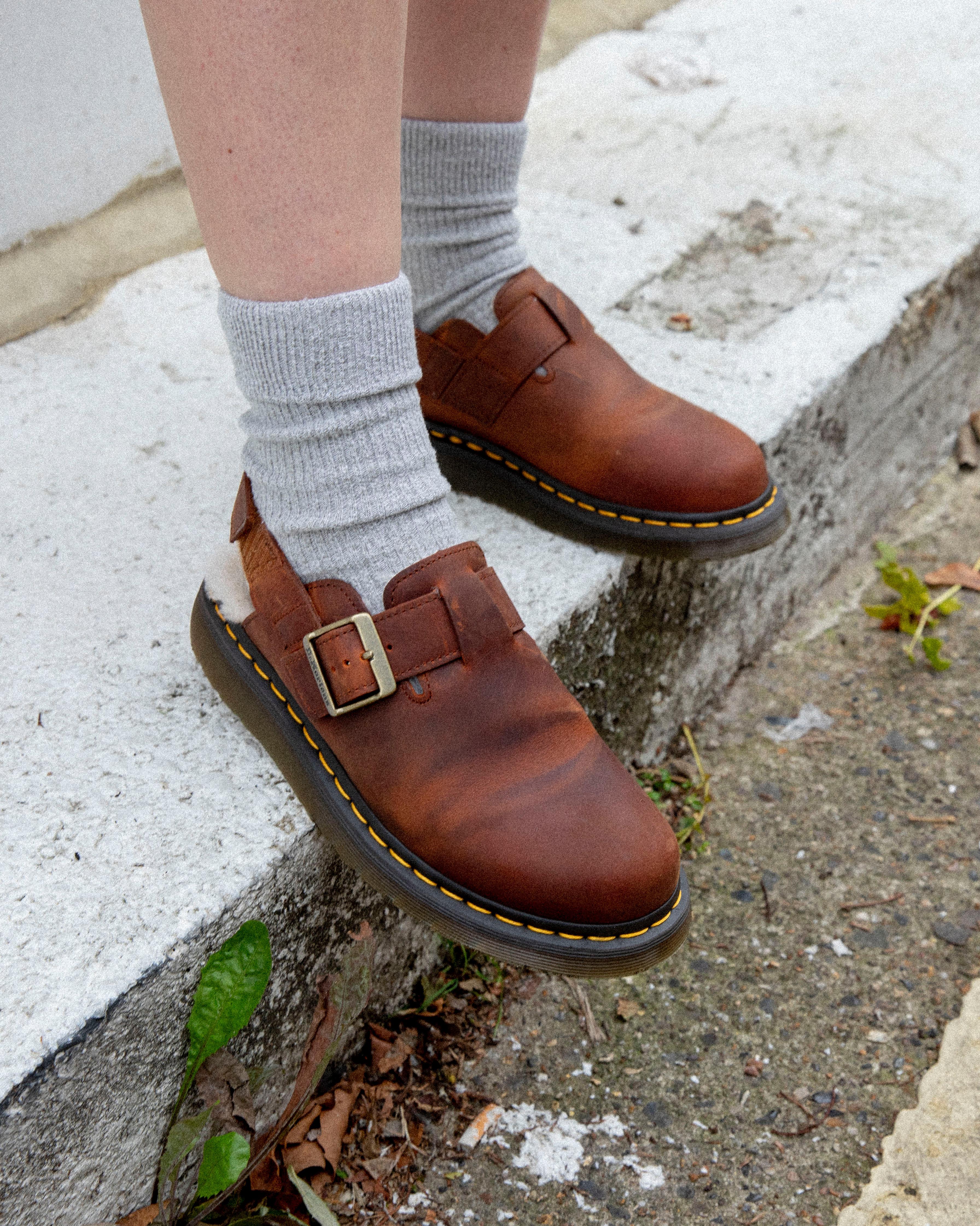 Jorge II Faux Fur Lined Slingback Mules in Warm Tan | Dr. Martens Jorge II Faux Fur Lined Slingback Mules in Warm Tan | Dr. Martens
