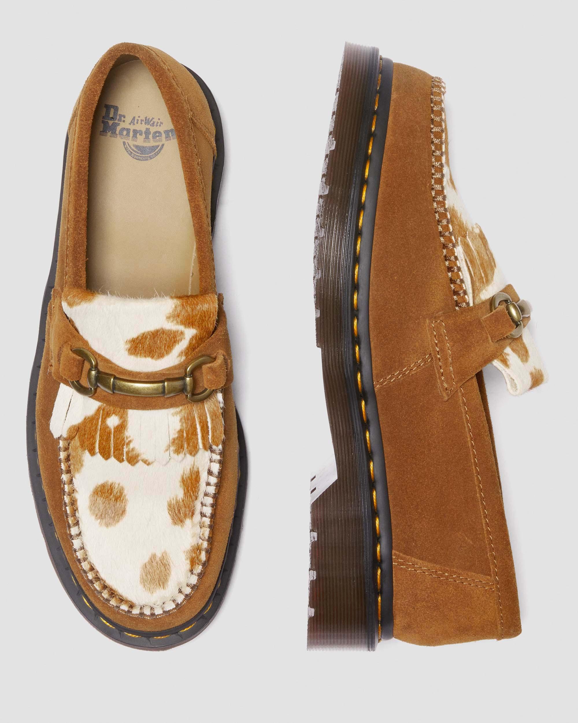 Adrian Snaffle Hair-On Cow Print Suede Loafers in PECAN BROWN+JERSEY COW PRINT