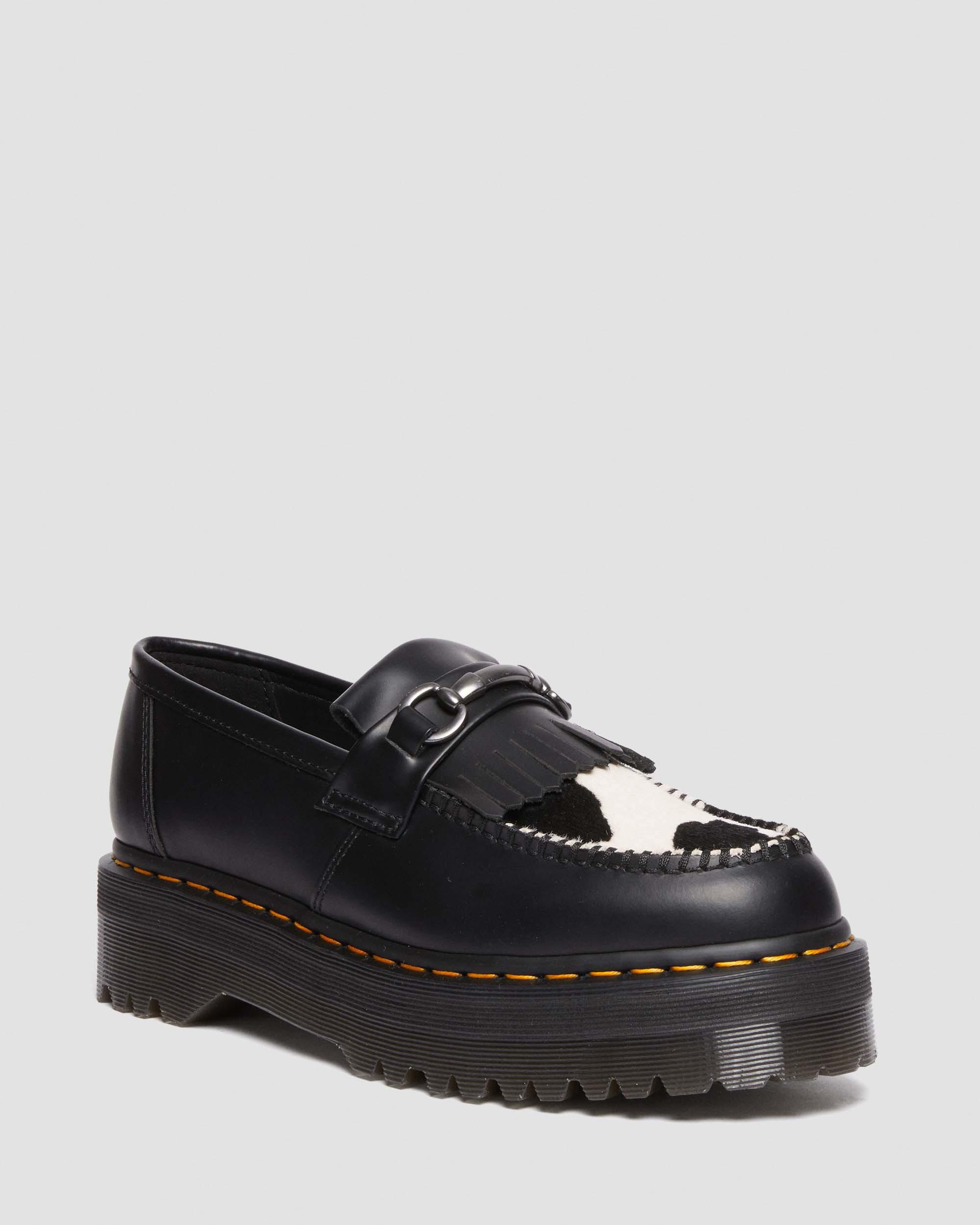 Adrian Snaffle Hair-On Leather Cow Print Kiltie Loafers in BLACK+COW PRINT