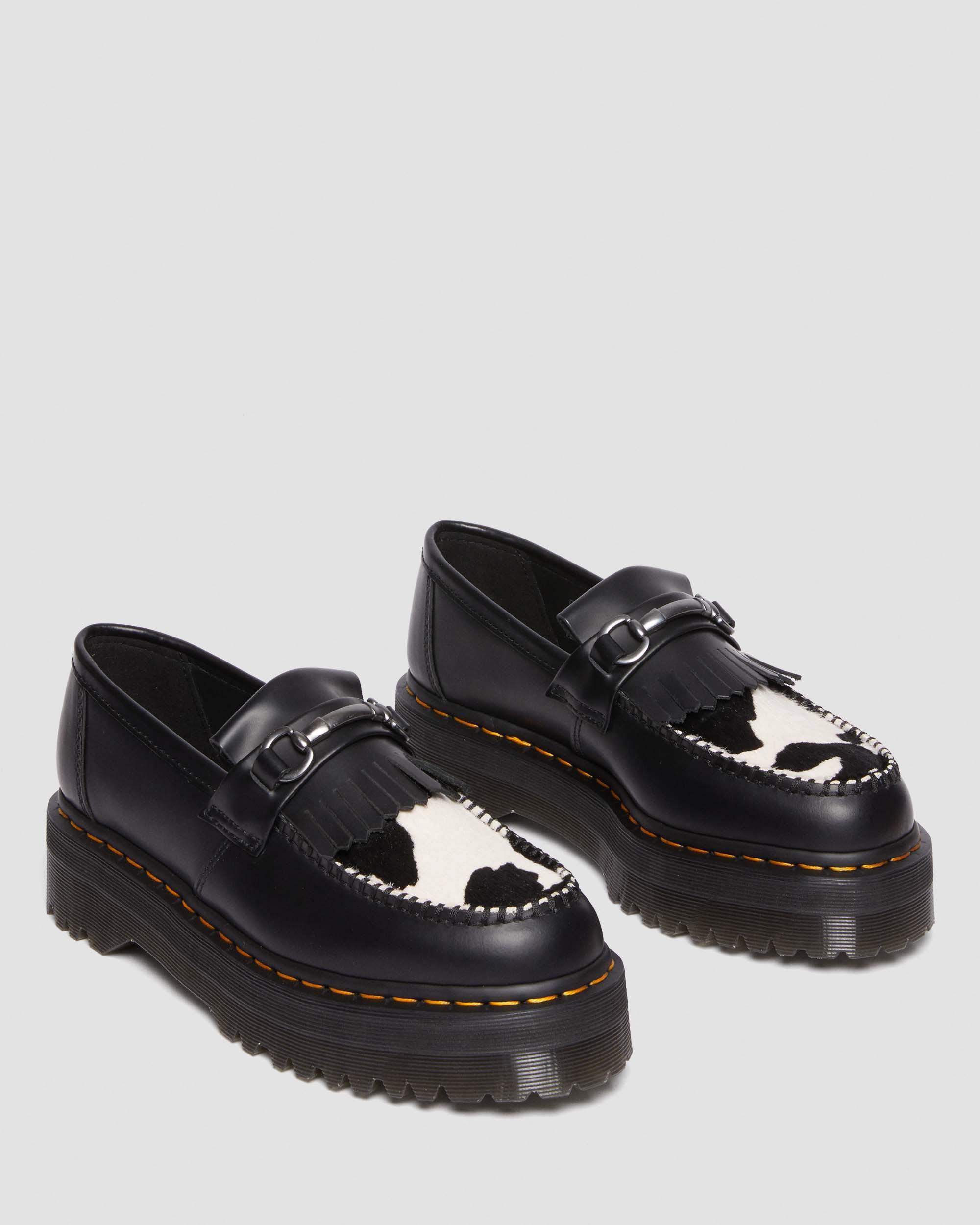 Adrian Snaffle Hair-On Leather Cow Print Kiltie Loafers in BLACK+