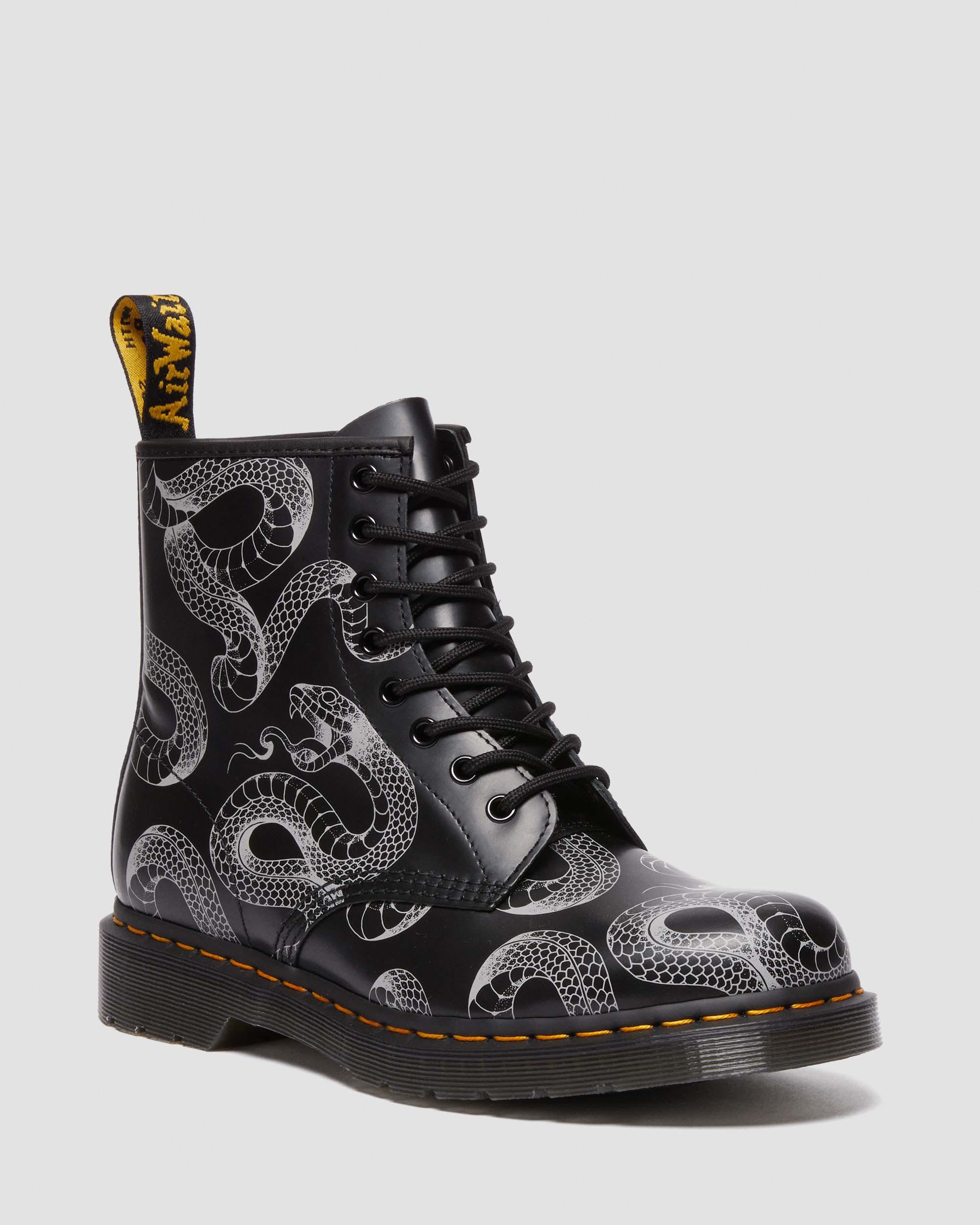 1460 Serpent Print Leather Lace Up Boots in Black | Dr. Martens