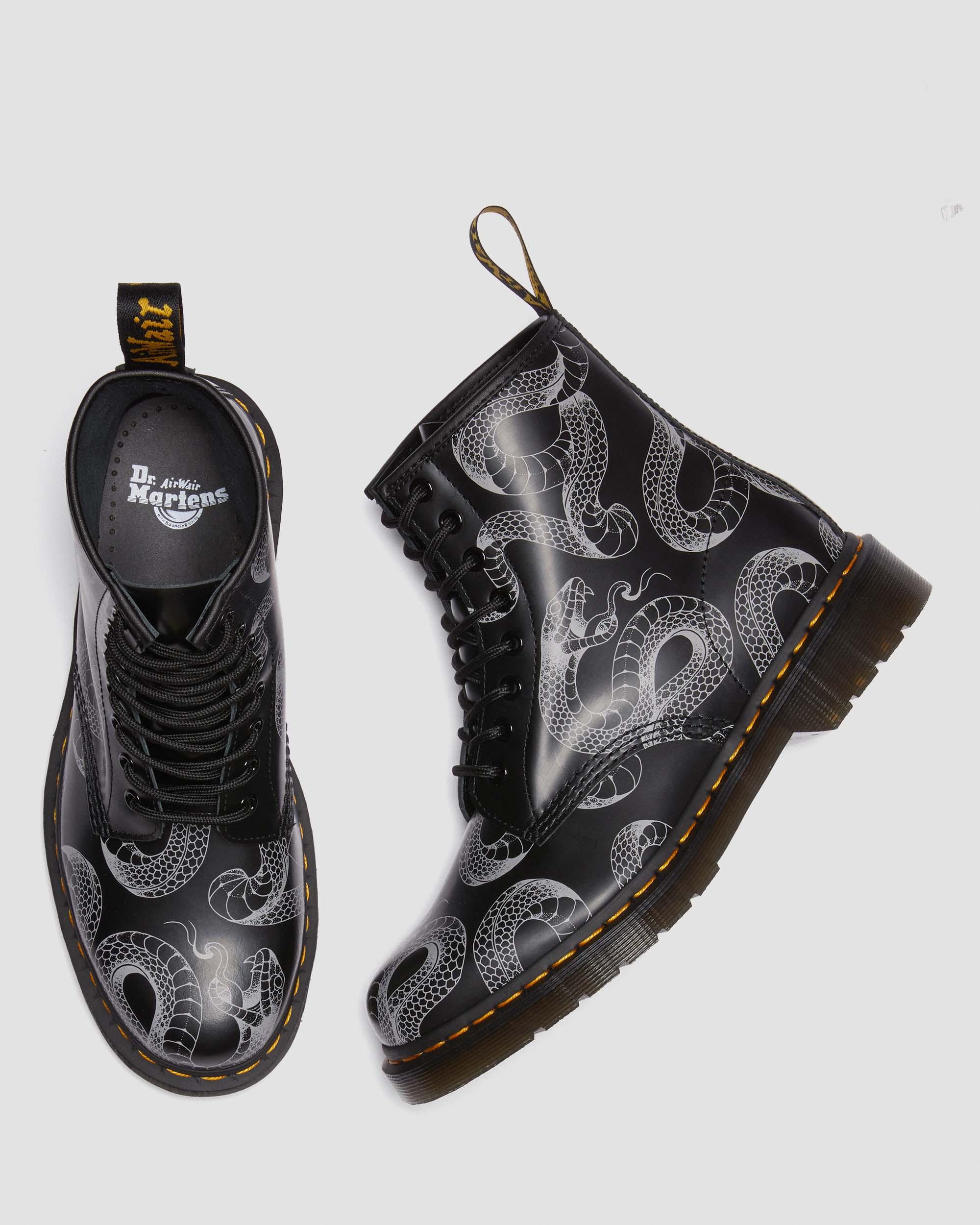 1460 Serpent Print Leather Lace Up Boots in Black | Dr. Martens display picture 3