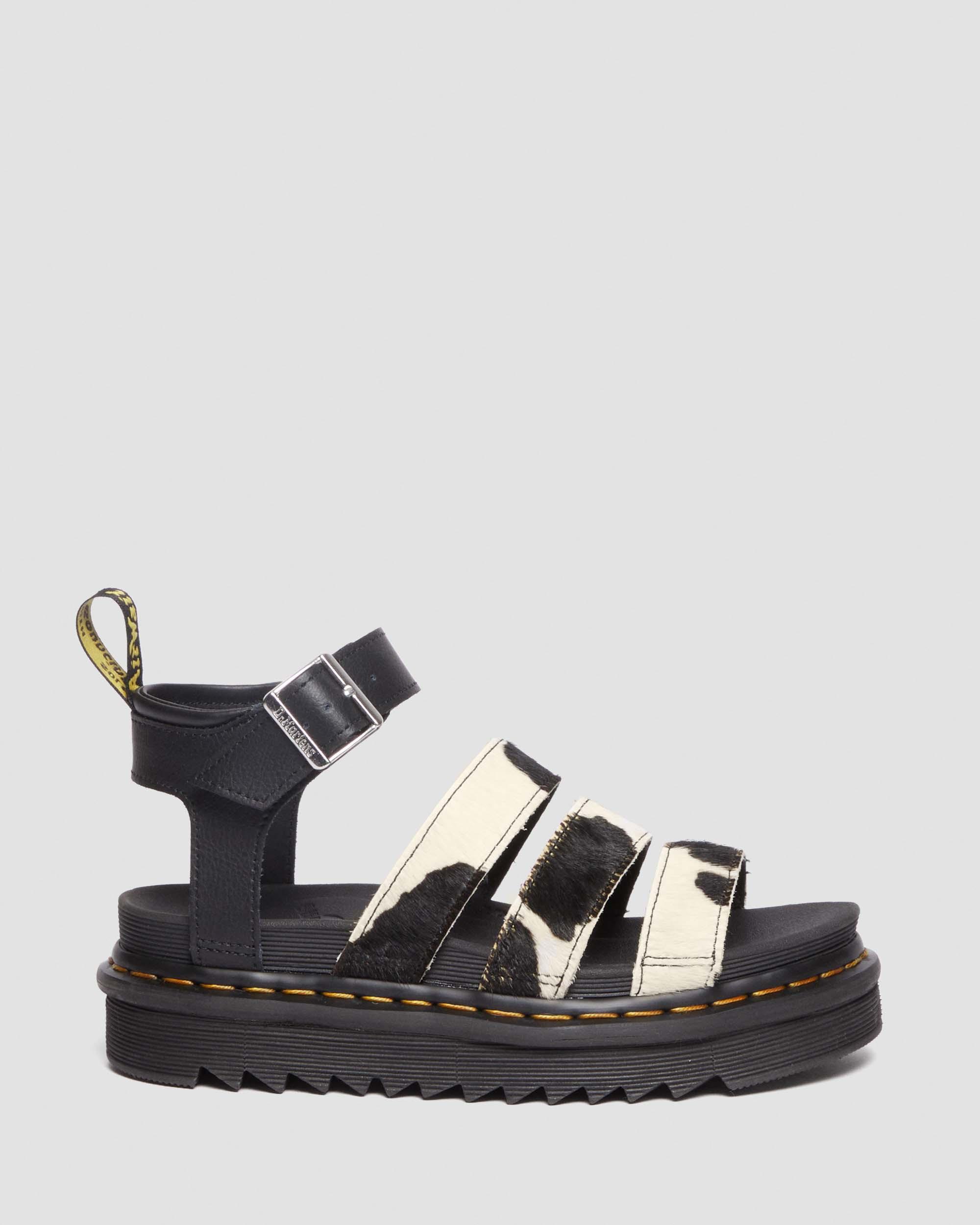 Blaire Hair-On Cow Print Strap Sandals in Black | Dr. Martens