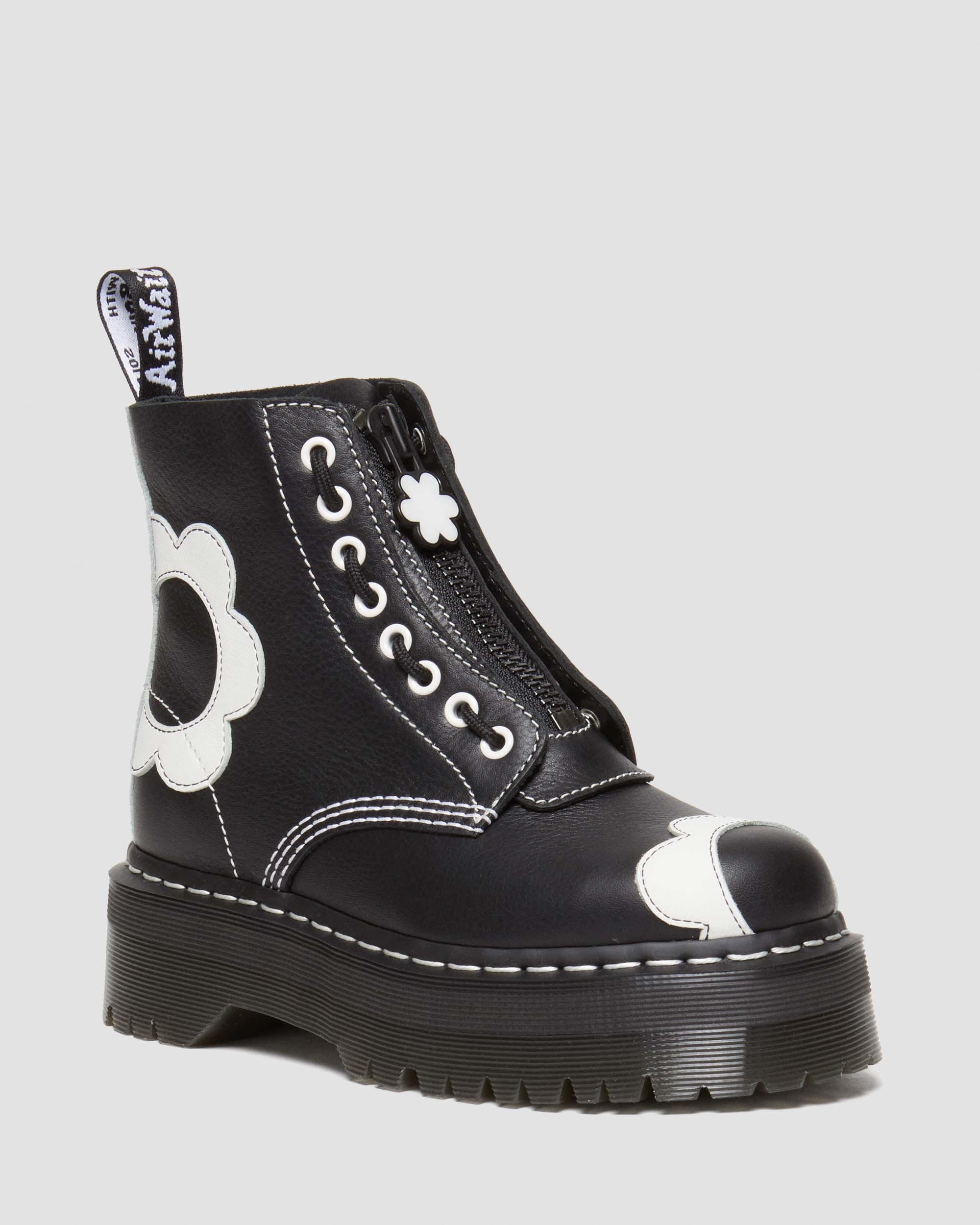 Sinclair Flower Pisa Leather Platform Boots in Black+Optical White