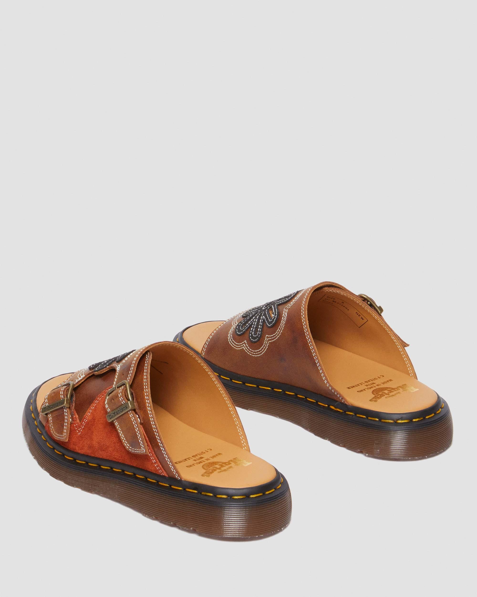 Dayne Made in England Leather & Suede Applique Slides in Conker Brown+Black+Rust Orange