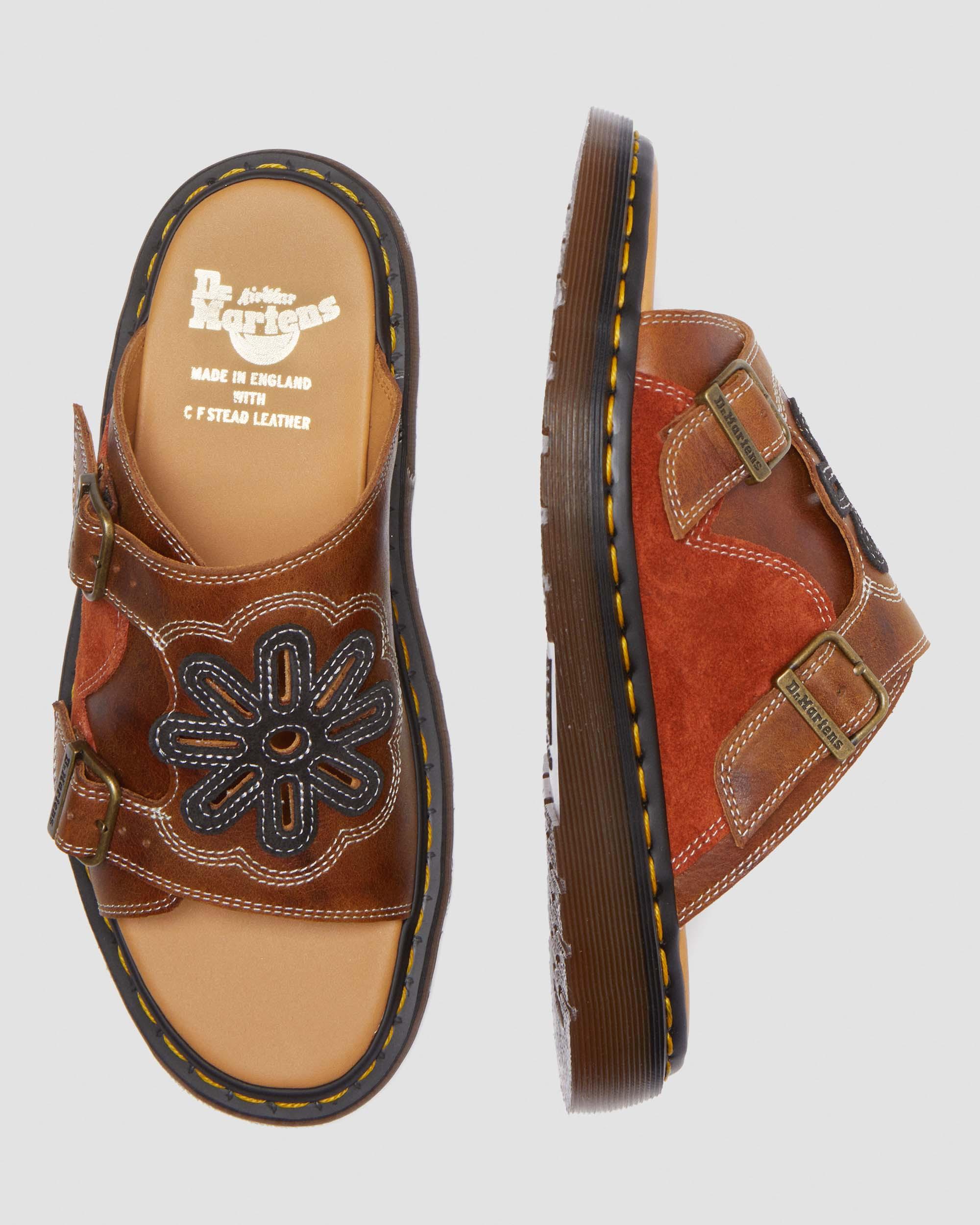 Dayne Made in England Leather & Suede Applique Slide Sandals in Conker Brown+Black+Rust Orange
