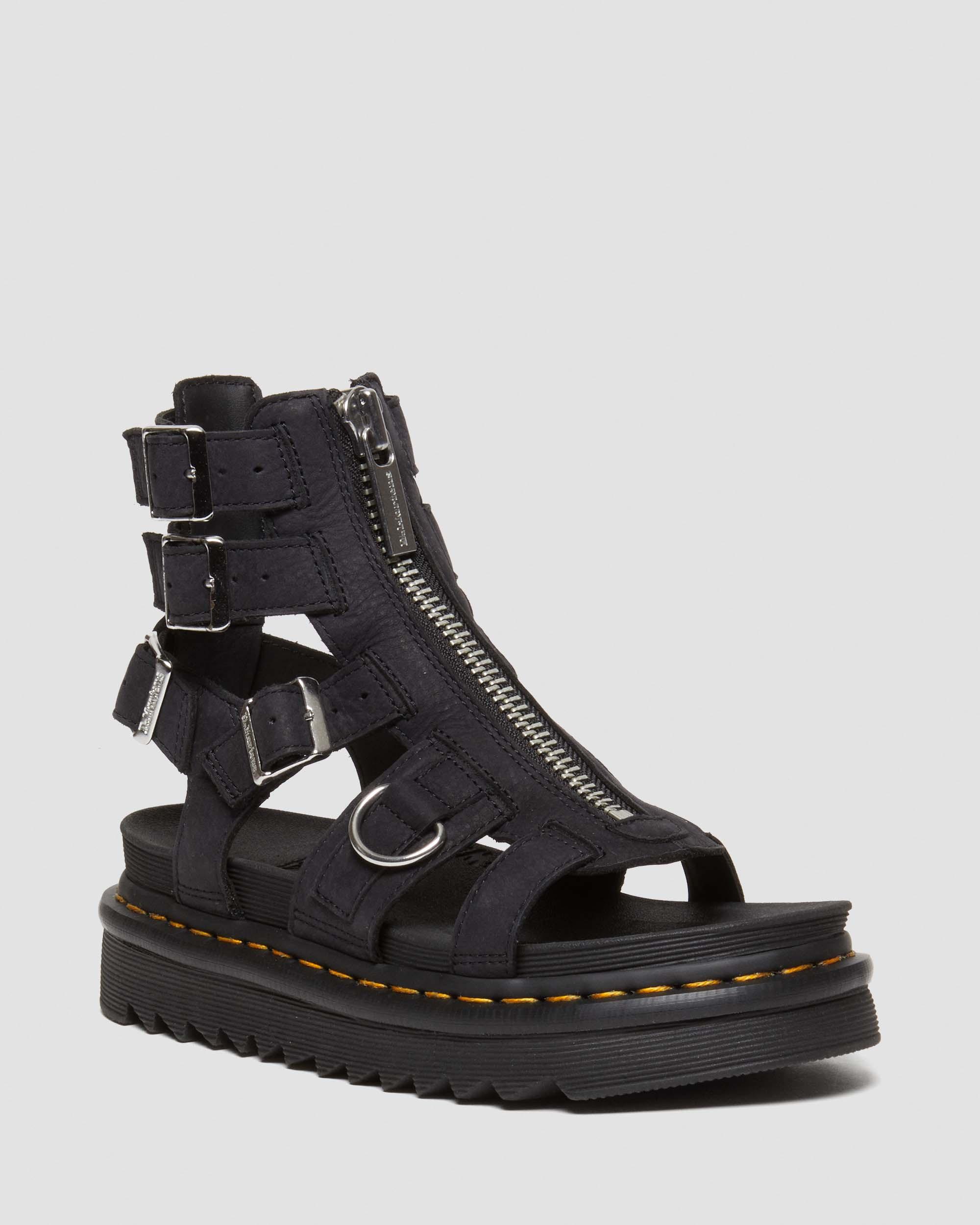 Olson Tumbled Nubuck Leather Gladiator Zip Sandals in Charcoal Grey