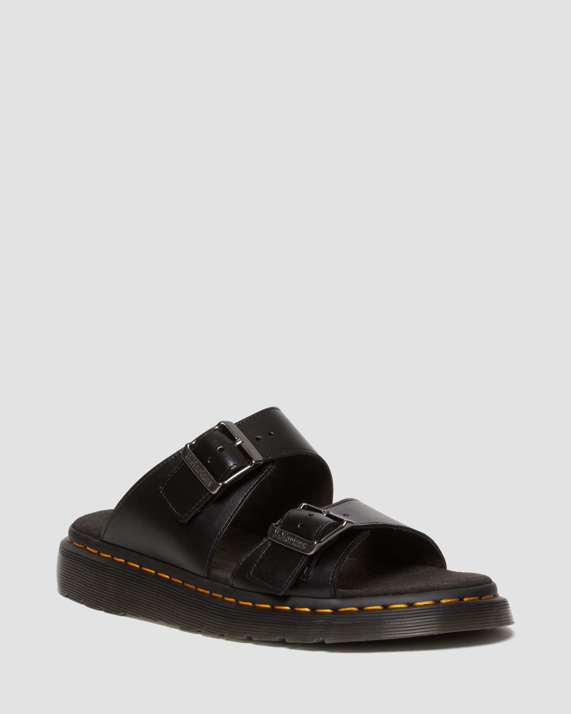Josef Leather Buckle Slide Sandals in Black