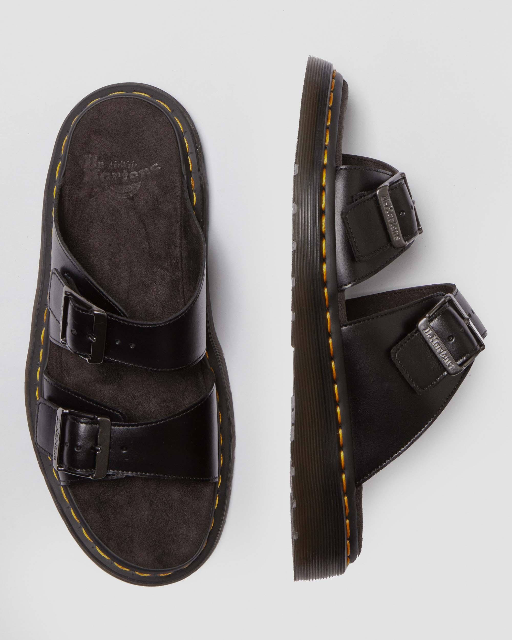 Josef Analine Leather Buckle Slide Sandals in Black