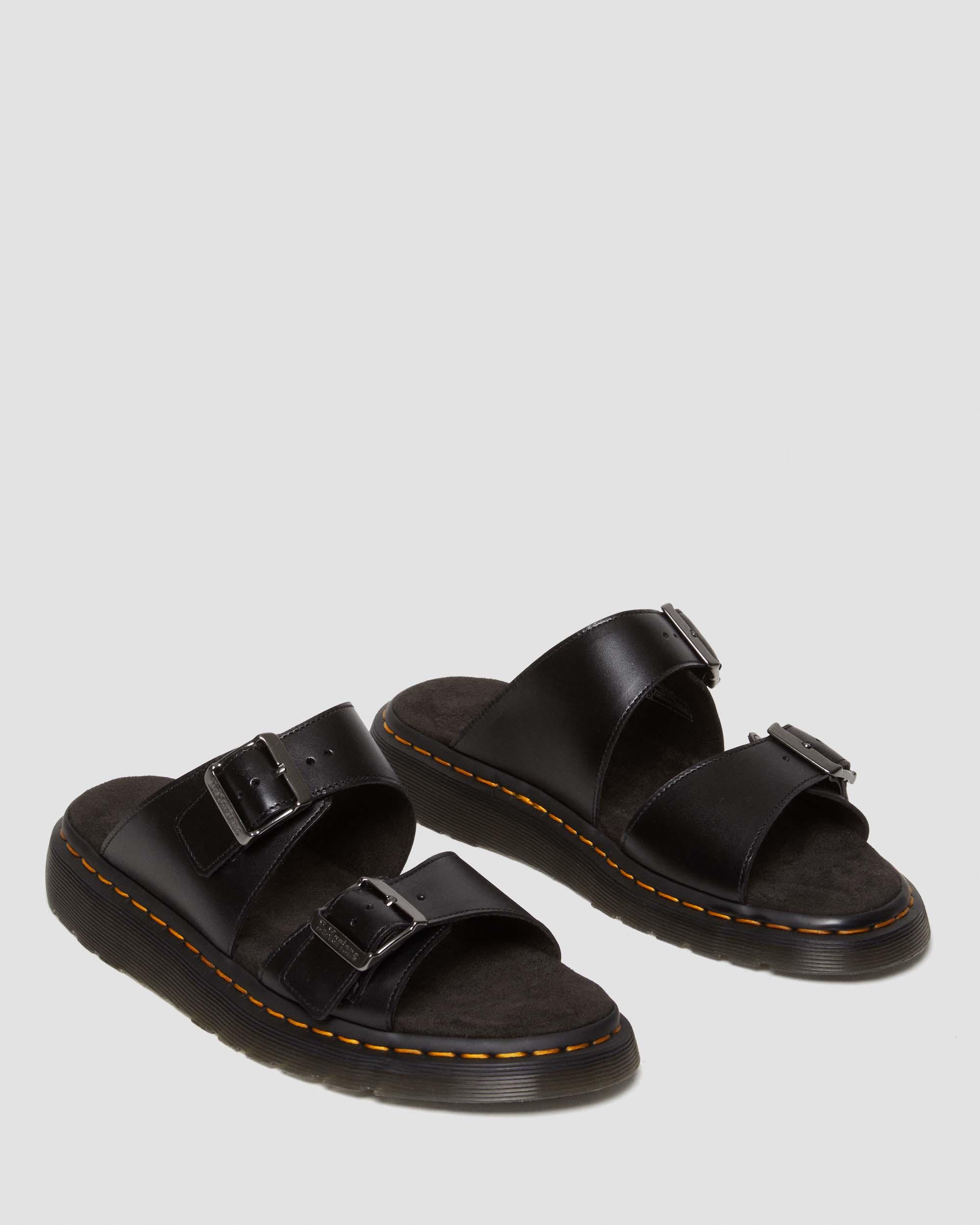 Josef Leather Buckle Slide Sandals in Black