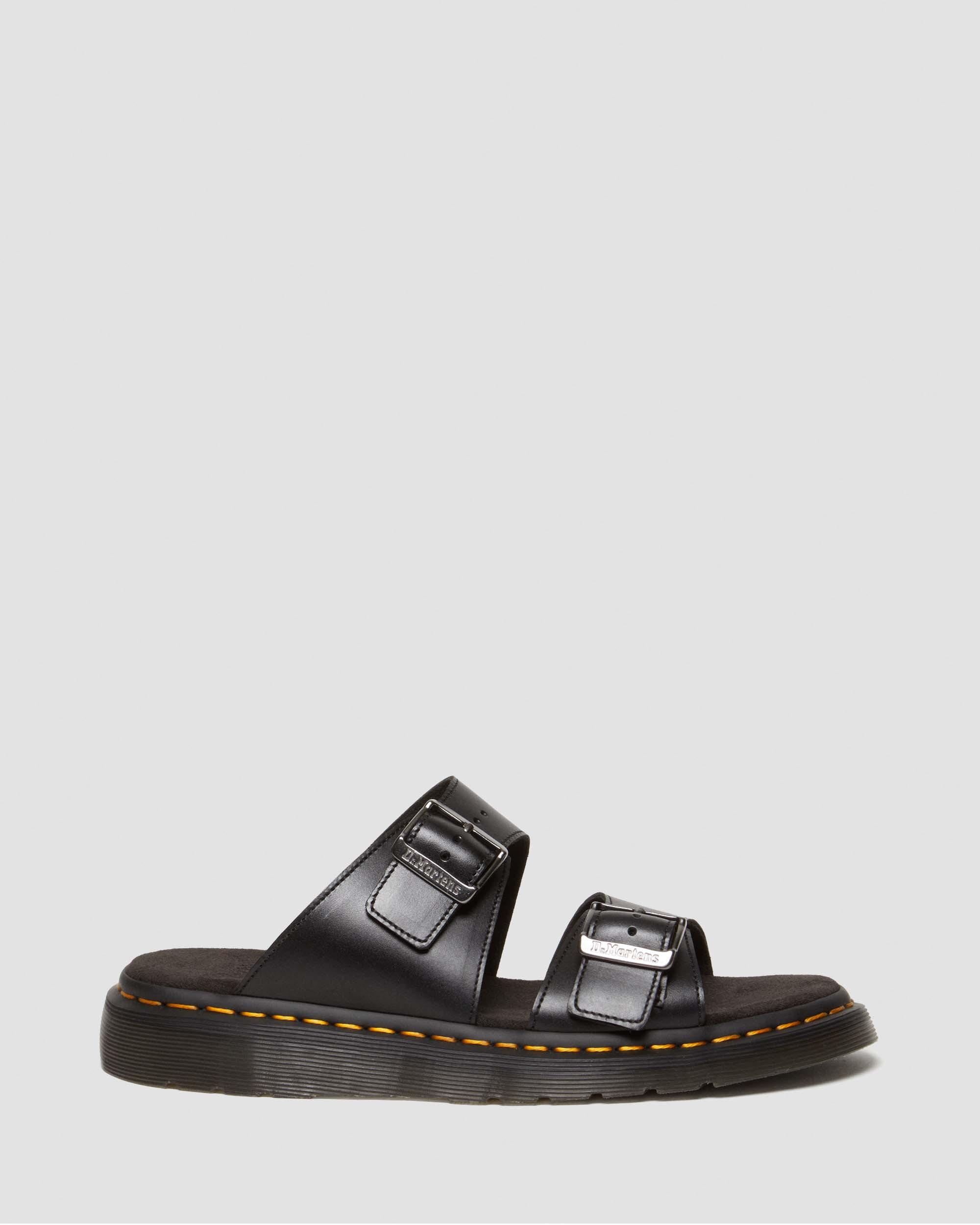 Josef Analine Leather Buckle Slide Sandals in Black