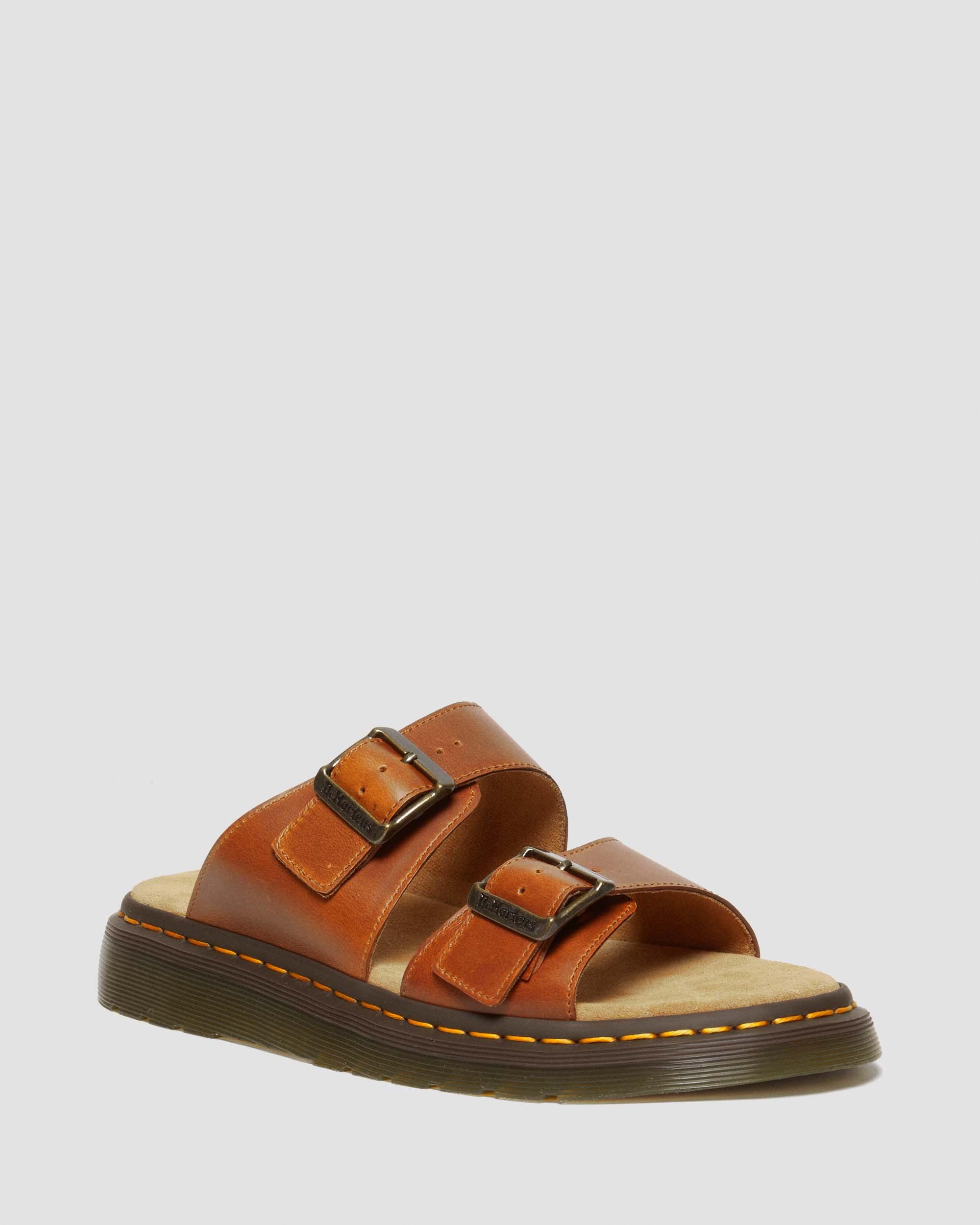 Josef Analine Leather Buckle Slide Sandals in Oak