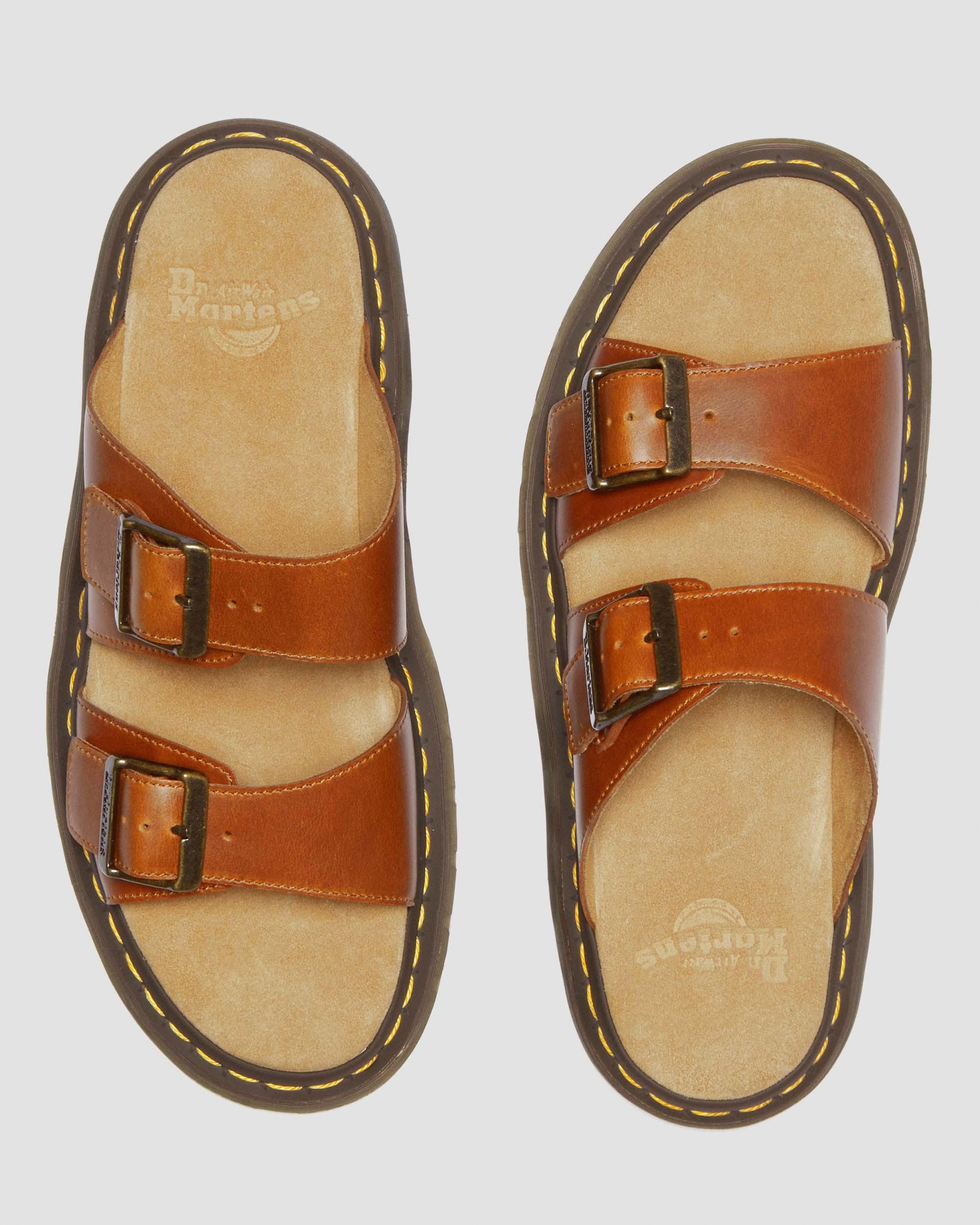 Josef Analine Leather Buckle Slide Sandals in Oak
