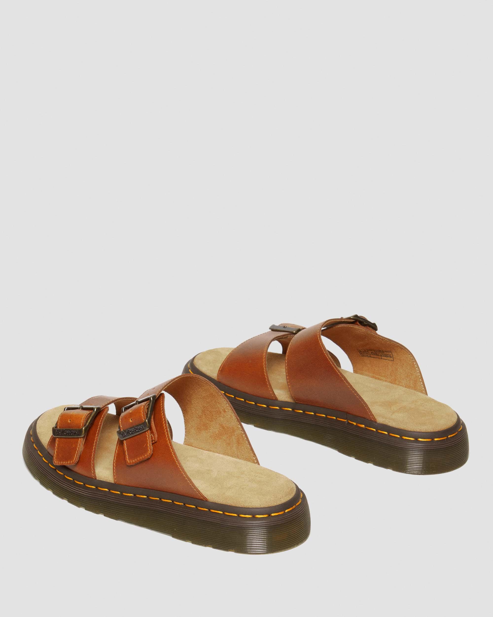 Josef Leather Buckle Slide Sandals in Oak