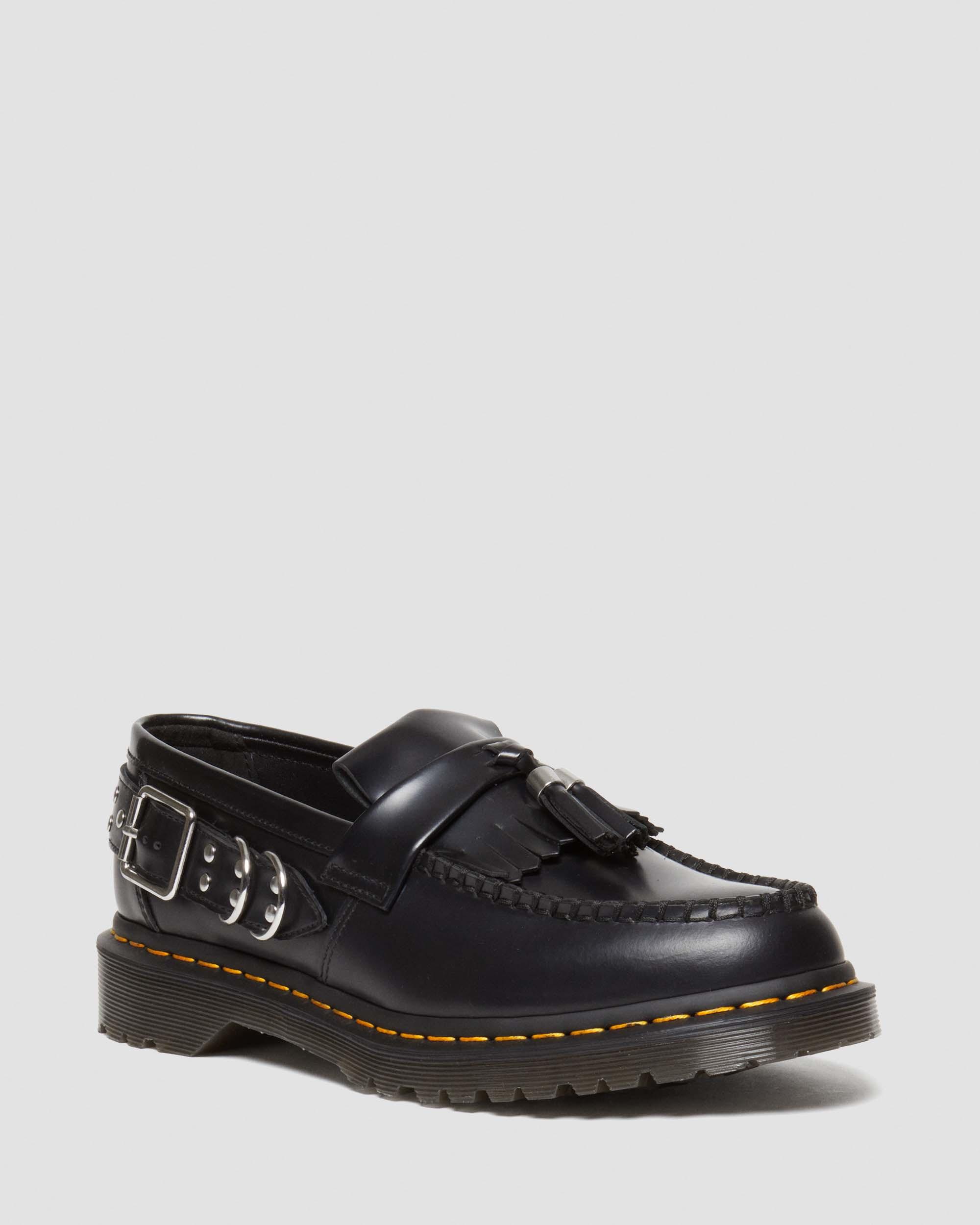 Adrian Yellow Stitch Leather Tassel Loafers, Black | Dr. Martens