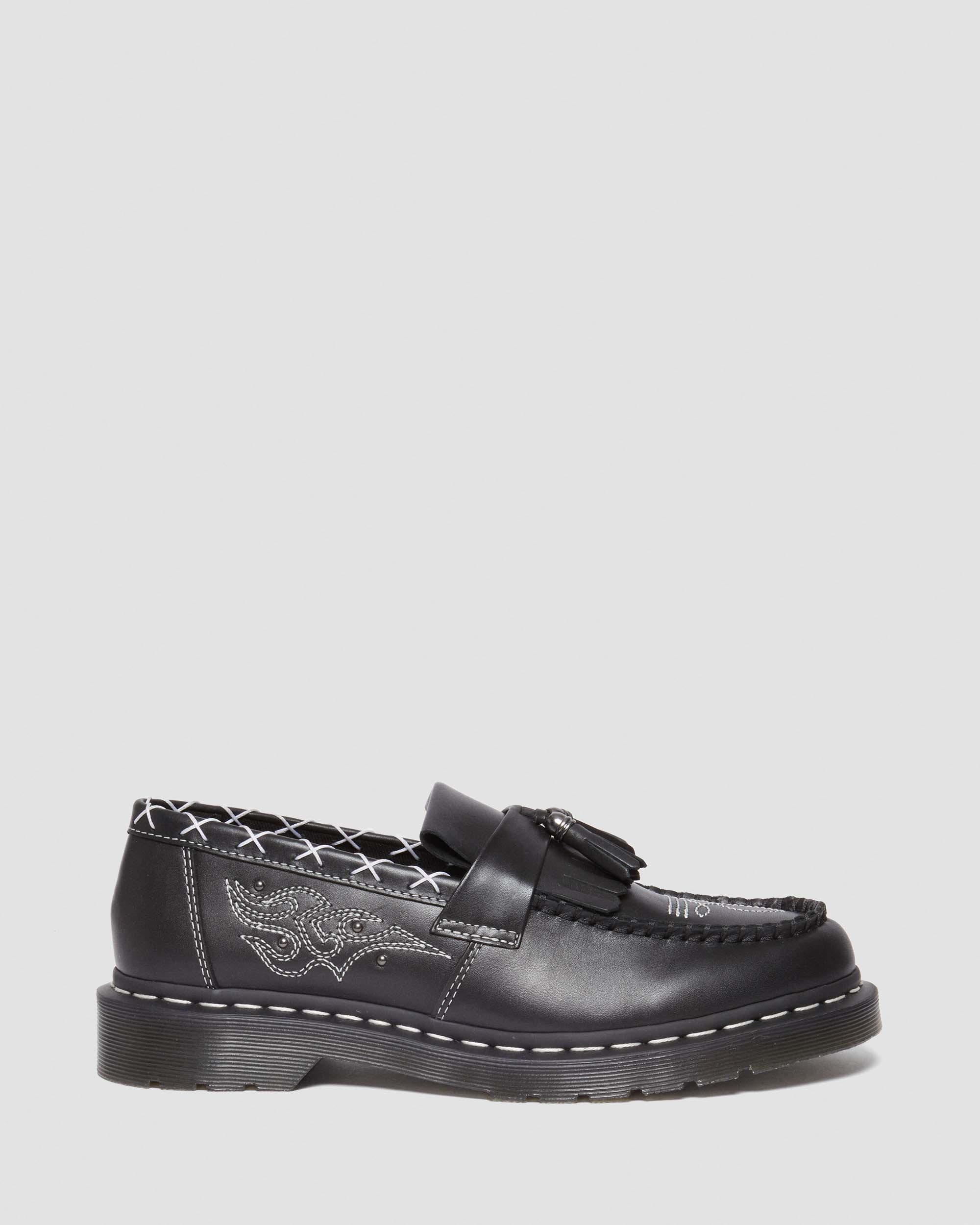 Adrian Contrast Stitch Leather Tassel Loafers in BLACK | Dr. Martens™