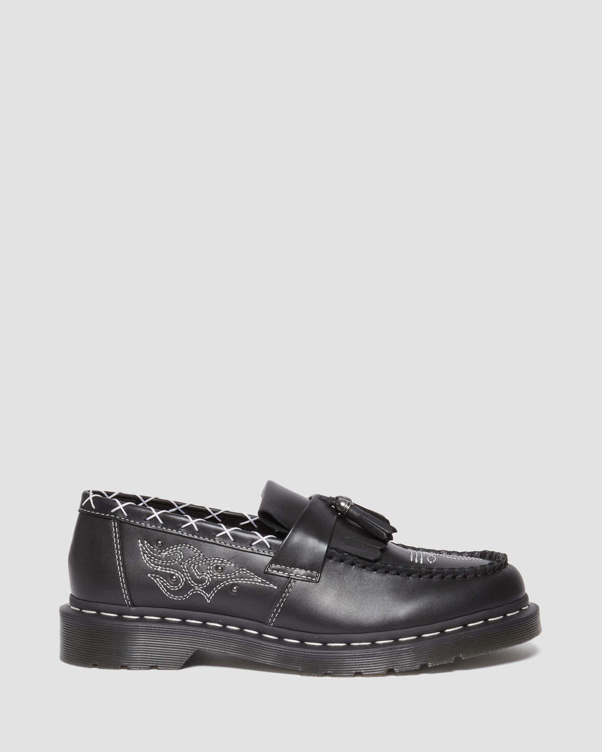 Adrian Contrast Stitch Leather Tassel Loafers in Black