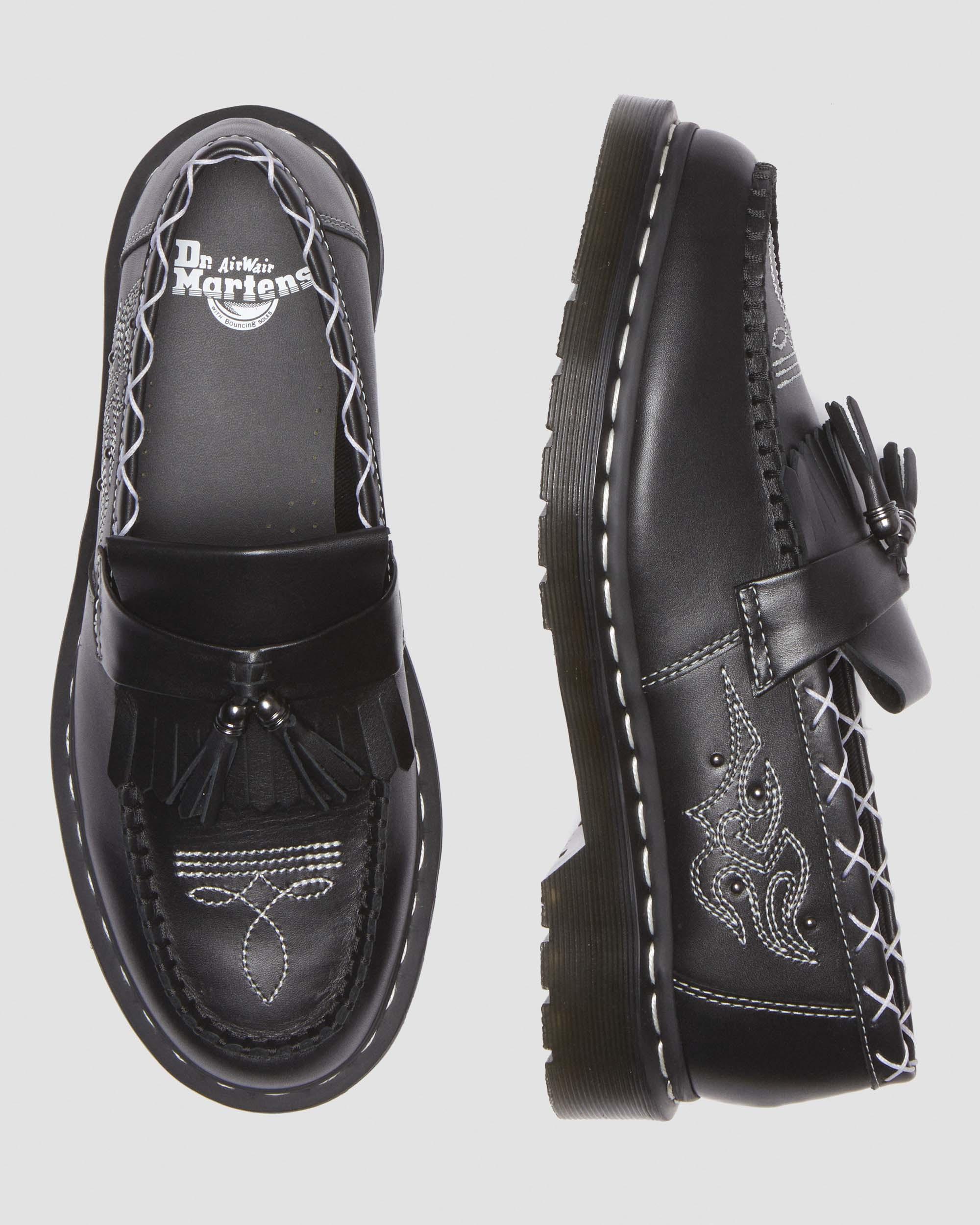 Adrian Contrast Stitch Leather Tassel Loafers in BLACK | Dr. Martens™
