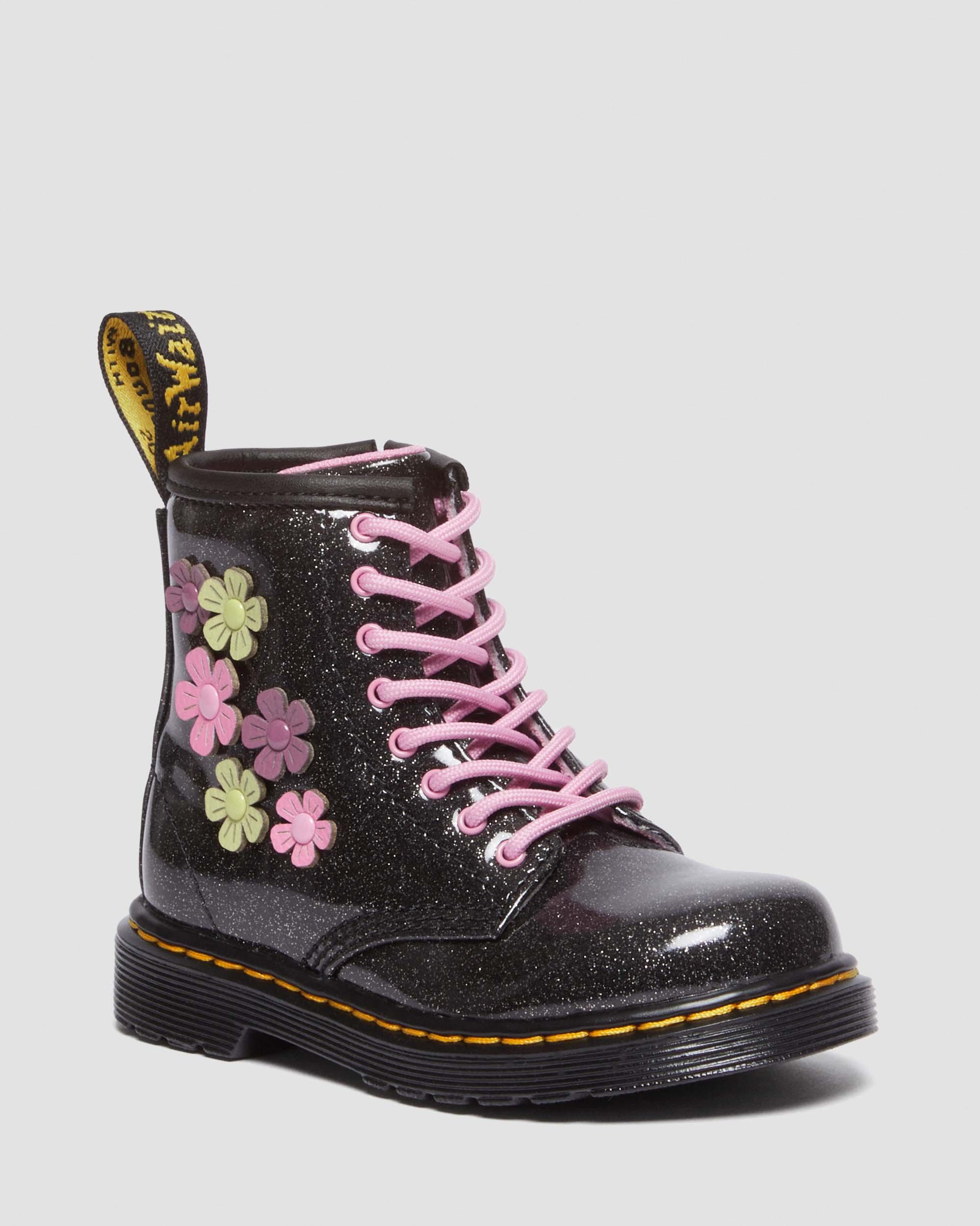 Toddler 1460 Glitter & Flower Applique Lace Up Boots in Black+Multi