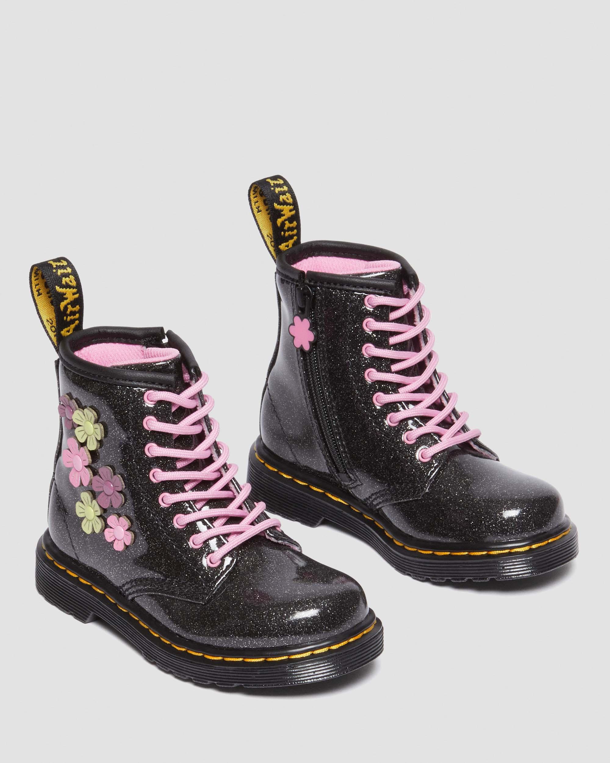 Toddler 1460 Glitter & Flower Applique Lace Up Boots in Black+Multi
