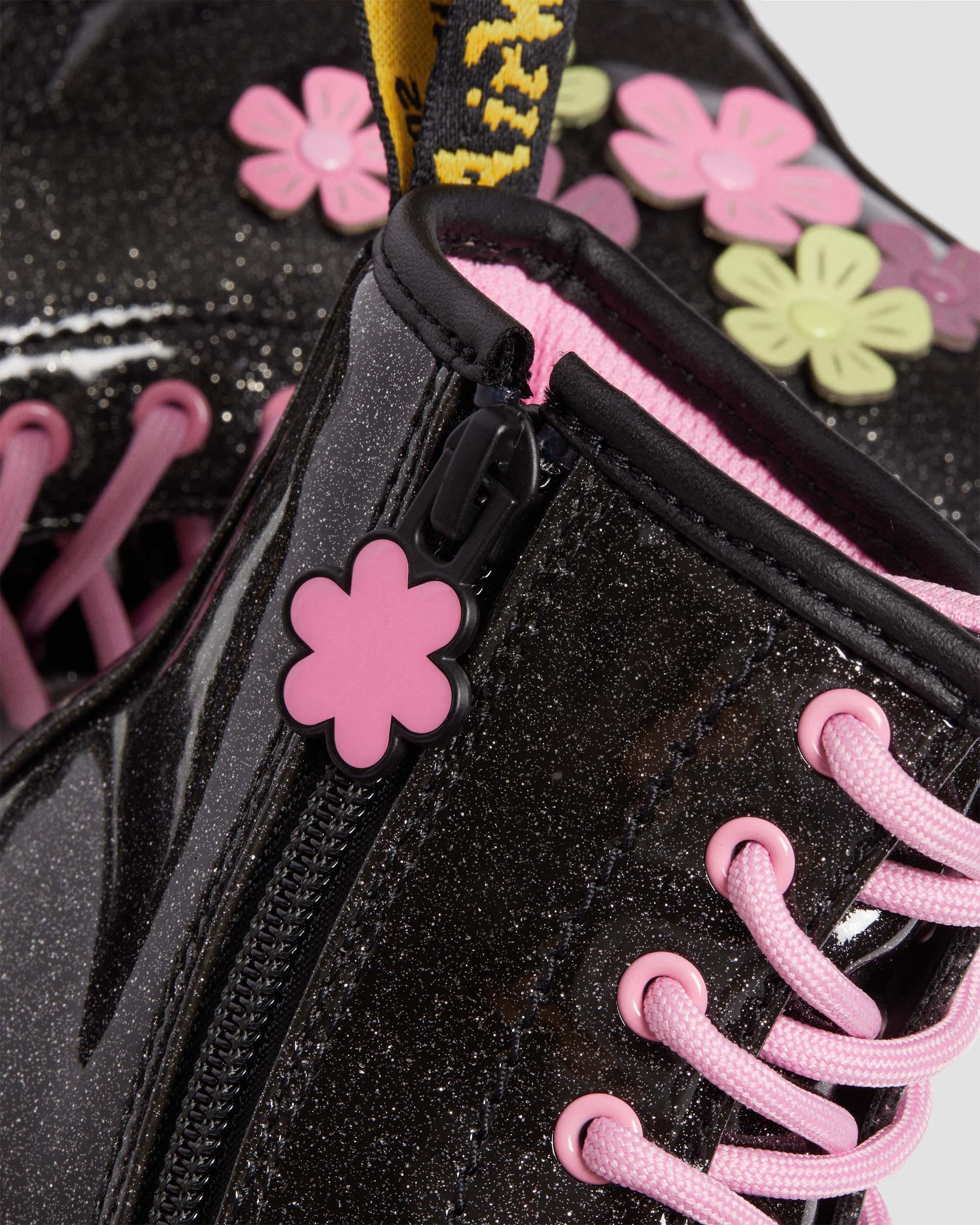 Junior 1460 Glitter & Flower Applique Lace Up Boots in Black+Multi