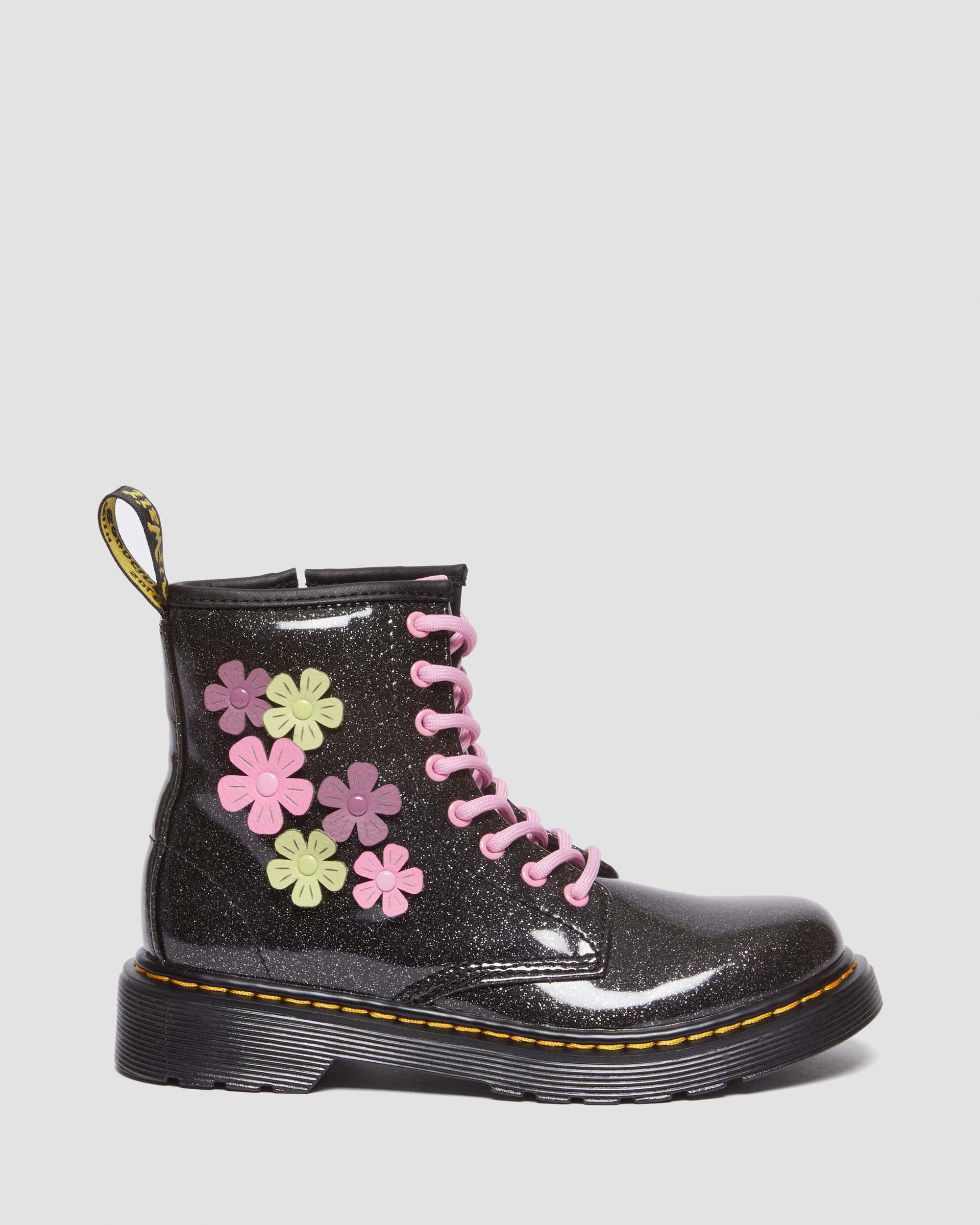 Junior 1460 Glitter & Flower Applique Lace Up Boots in Black+Multi